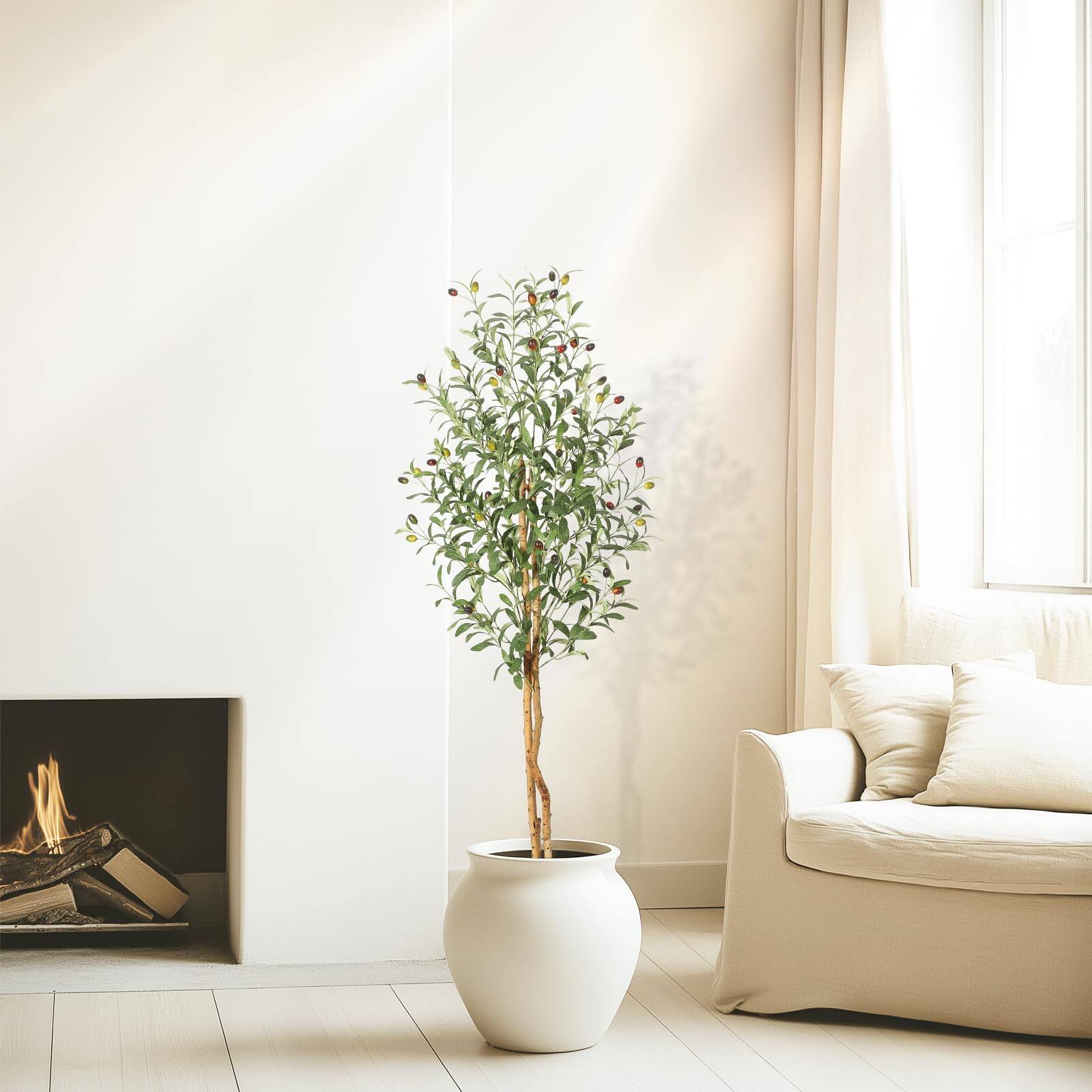 Left. Homhougo - 5FT Artificial Olive Tree – Silk Leaves, Natural Wood Trunk, White Planter with Green Moss, Indoor Use - Green.
