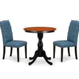 East West Furniture - 3-Piece Dining Room Set Include a Round Table and 2 Blue Linen Fabric Parson Chairs with Button - Multi-Color