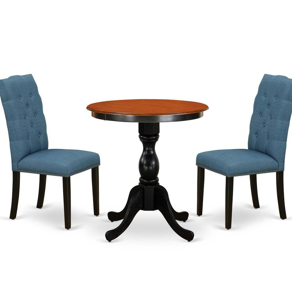 East West Furniture - 3-Piece Dining Room Set Include a Round Table and 2 Blue Linen Fabric Parson Chairs with Button - Multi-Color