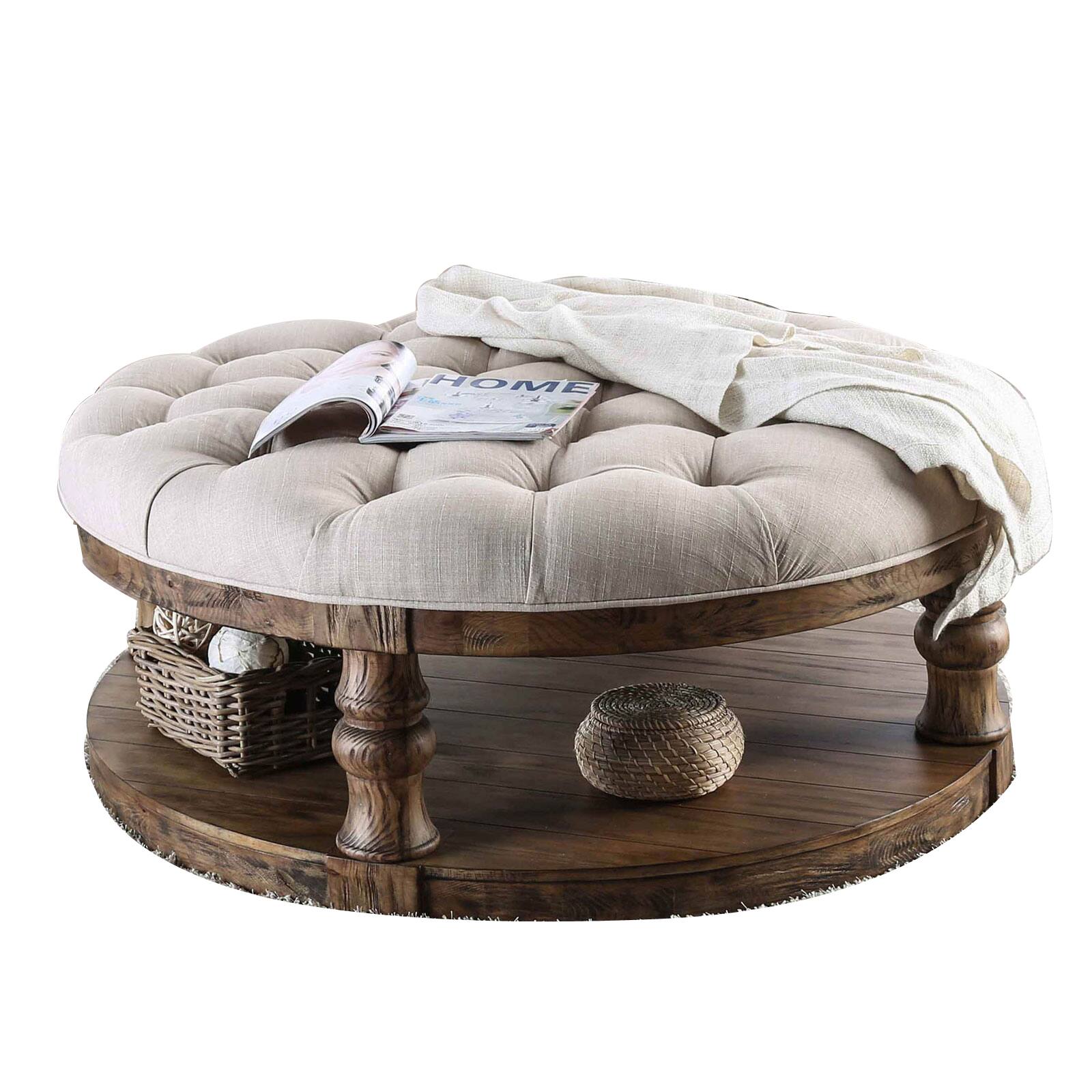 Front. Manhattan Lane - Cushioned Top Wooden Coffee Table with Bottom Shelf, Brown and Beige - Brown and Beige.