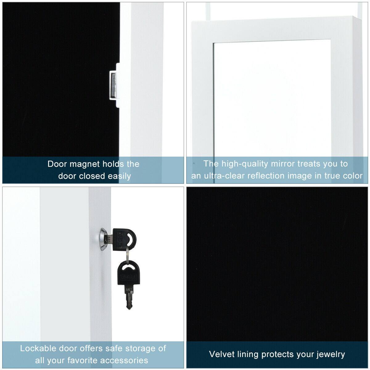 - Door magnet holds the door closed easily
- The high-quality mirror treats you to an ultra-clear reflection image in true color
- Lockable door offers safe storage of all your favorite accessories
- Velvet lining protects your jewelry