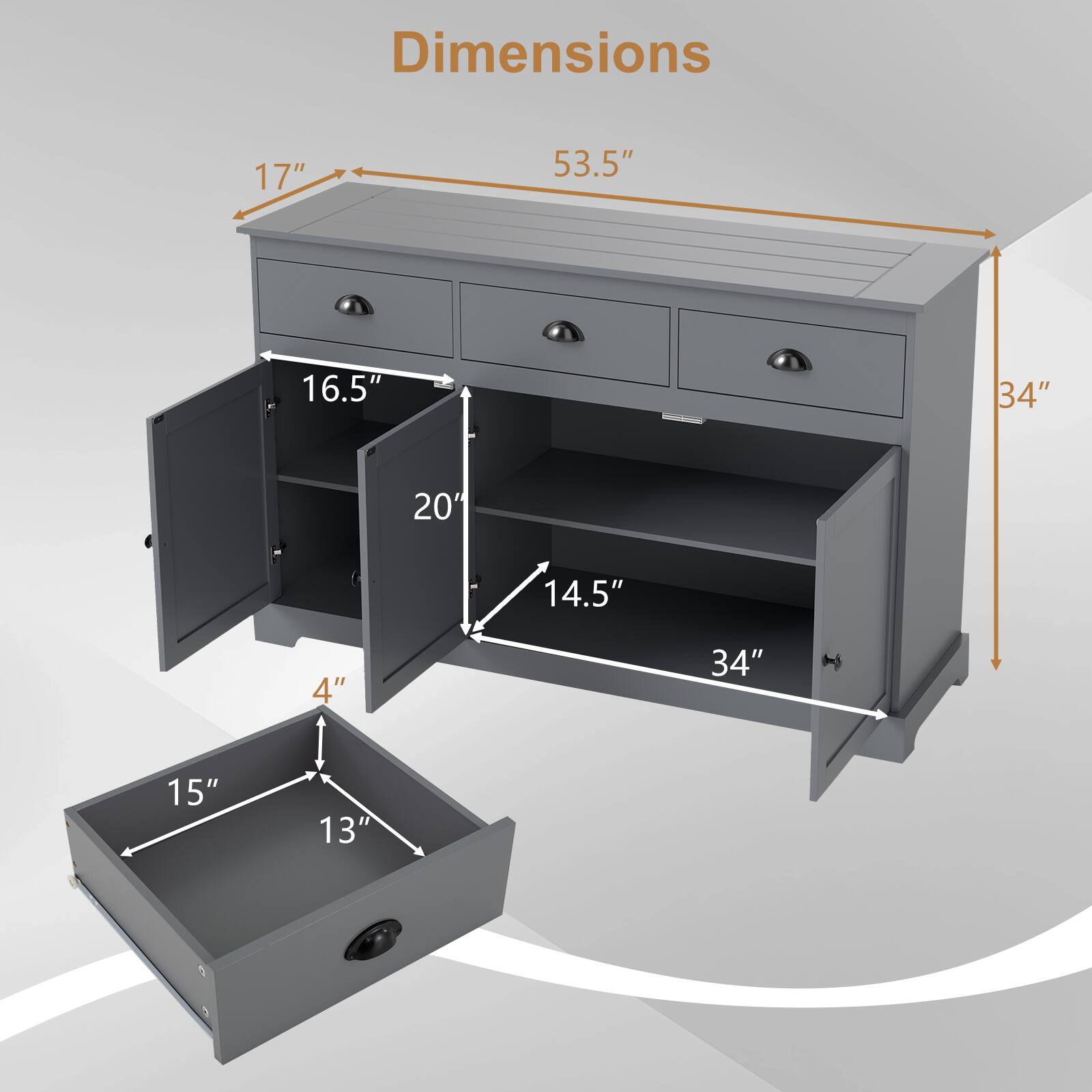 Dimensions:  
- Width: 53.5"  
- Depth: 34"  
- Height: 34"  
- Top Surface: 17"  
- Drawer Height: 16.5"  
- Drawer Depth: 20"  
- Shelf Depth: 14.5"  
- Shelf Height: 4"  
- Drawer Bottom: 15" x 13"