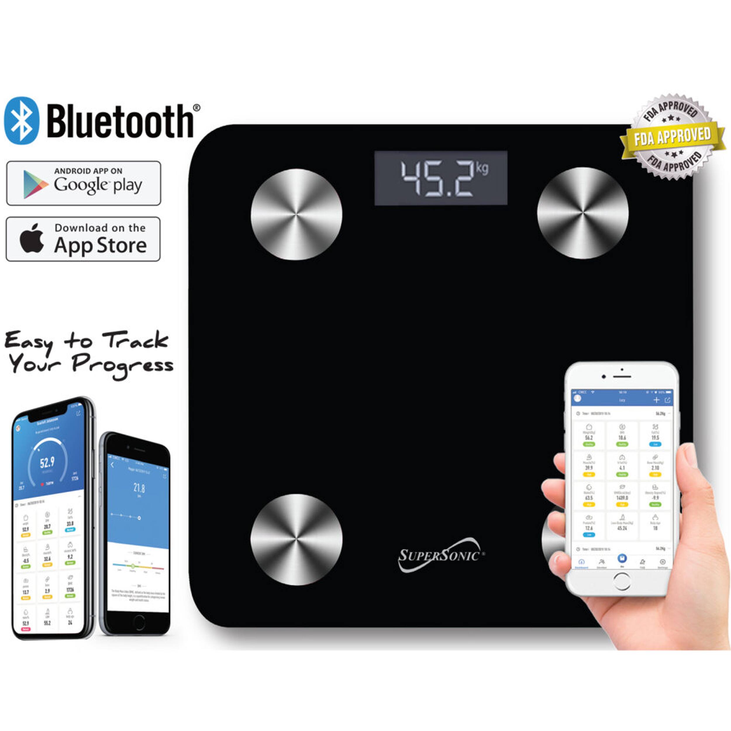 Bluetooth ANDROID APP ON Google play 45.2 FDA APPROVED FDA APPROVED FDA APPROVED Download on the App Store Easy to Track Your Progress M 52.9 A 1 218 ans e 1 .. EF - - M A eN - . . u SUPERSONIC