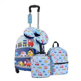 HTUTWOO - Kids Luggage 5-Piece Set (18") - Hardside Rolling Suitcase with Backpack & U-Shape Pillow, Truck Design for Girls & Boys - Blue