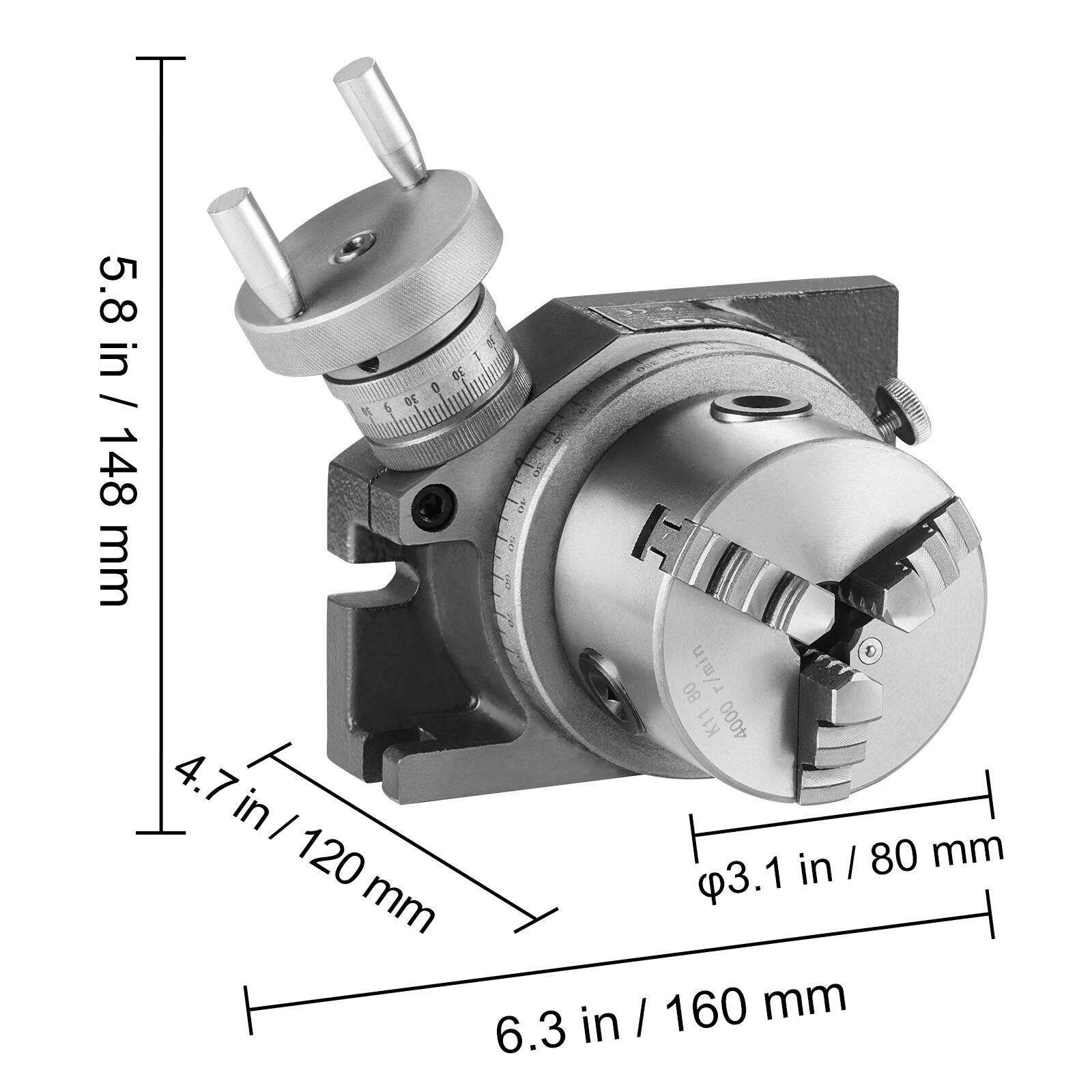 5.8 in / 148 mm  
4.7 in / 120 mm  
3.1 in / 80 mm  
6.3 in / 160 mm