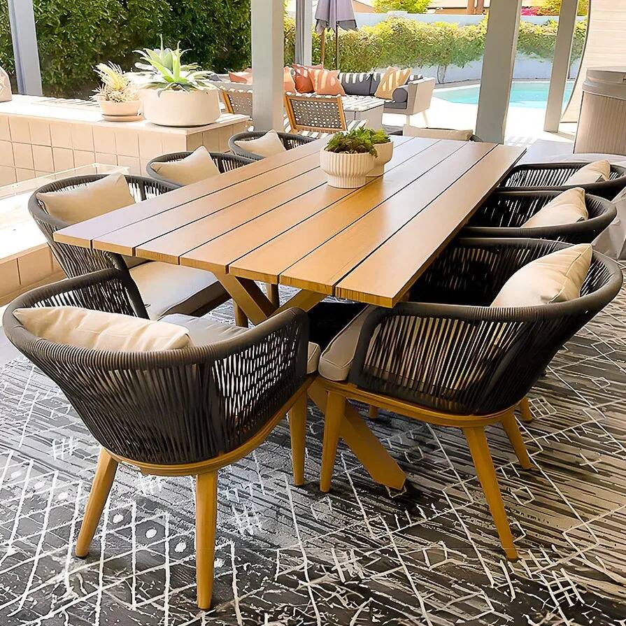 Alt View 1. PURPLE LEAF - 7/9/11-Pieces Patio Dining Set Wicker Outdoor Furniture Table and Chairs Set for Garden Teak-Finish Aluminum Frame Set - Teak-Rectangular-9 Pcs.