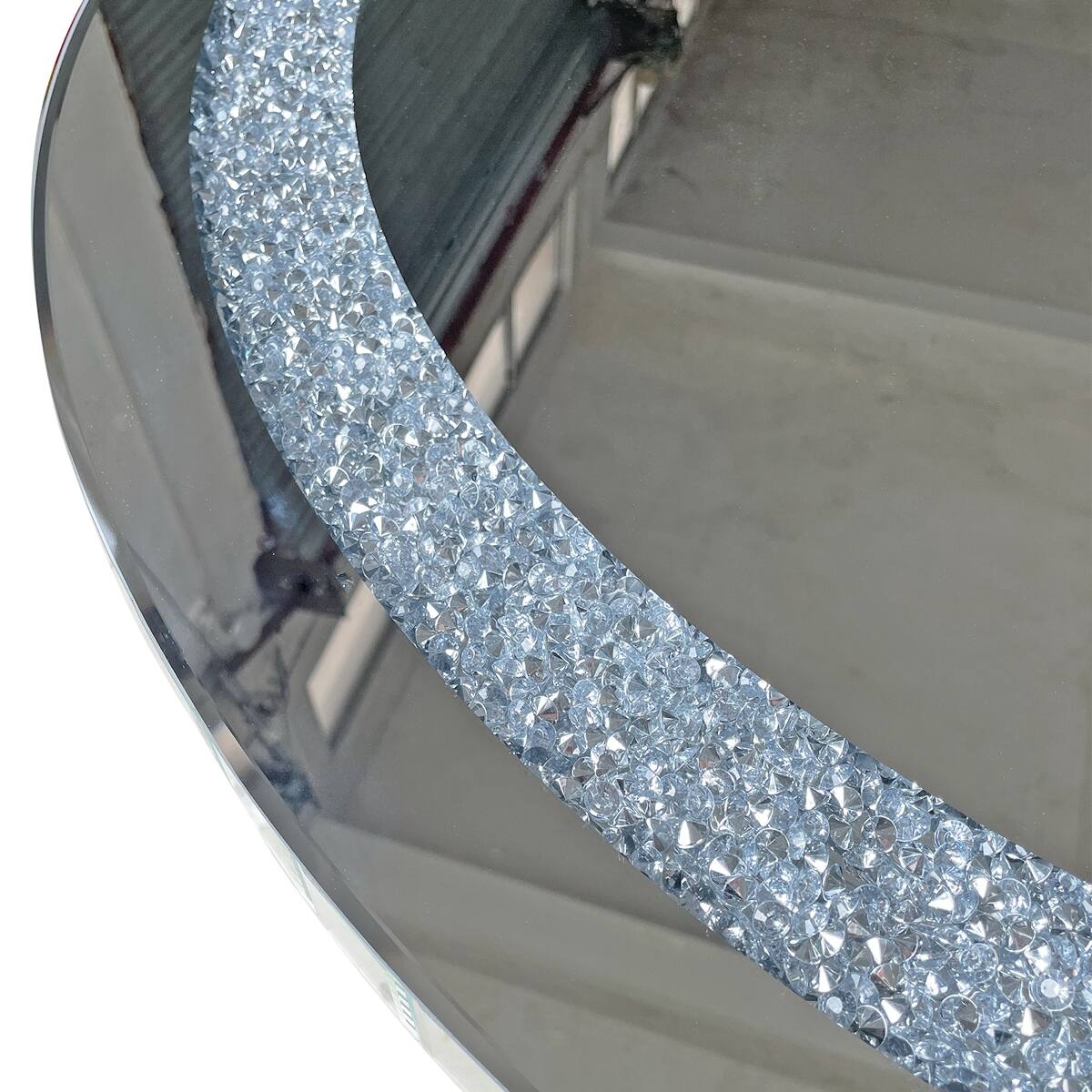 Alt View 4. Loheer - Loheer Round Mirrored Dining Table with Crushed Diamond Glass Top and Mirrored Base - Silver.
