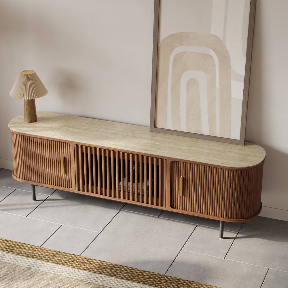 Angle. POVISON - 71" Mid-Century Modern Sintered Stone Tabletop TV Stand - Walnut with Sintered Stone.