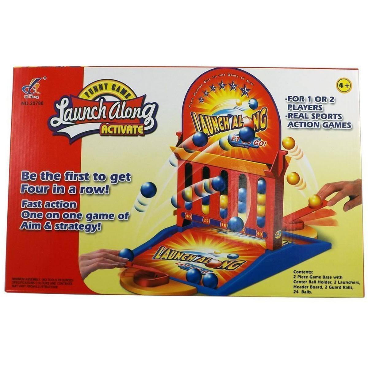 Sure, here is the corrected and grouped text from the image:

---

**PUNNY GAME**

**Launch Along ACTIVATE**

Be the first to get Four in a row!  
Fast action One on one game of Aim & strategy!

**FOR 1 OR 2 PLAYERS**  
REAL SPORTS ACTION GAMES

**Contents:**  
2 Piece Game Base with Center Ball Holder, 2 Launchers, Header Board, 2 Guard Rails, 24 Balls.

**Launch Along**  
ET GO!

**4+**

---

This text is organized to reflect the information on the packaging accurately.