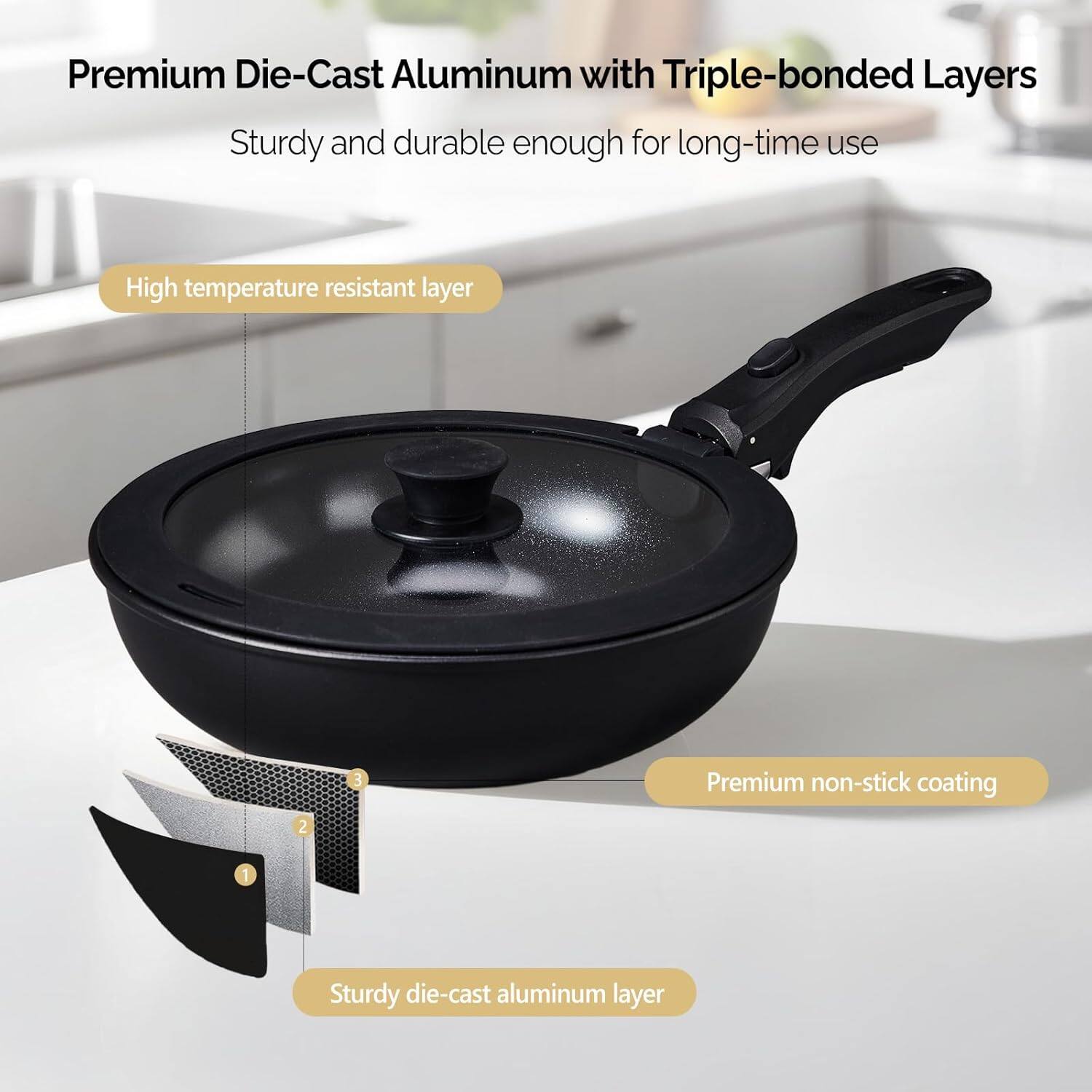Premium Die-Cast Aluminum with Triple-bonded Layers

Sturdy and durable enough for long-time use

1. Sturdy die-cast aluminum layer
2. High temperature resistant layer
3. Premium non-stick coating