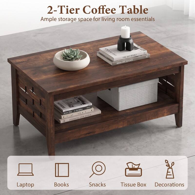 2-Tier Coffee Table  
Ample storage space for living room essentials

BOOKS  
THE ART BOOKS  
ANINI-ART BOOKS  
DESION disciplina in Airero Siza  
DESIGNING YOUR WORLD

Laptop  
Books  
Snacks  
Tissue Box  
Decorations