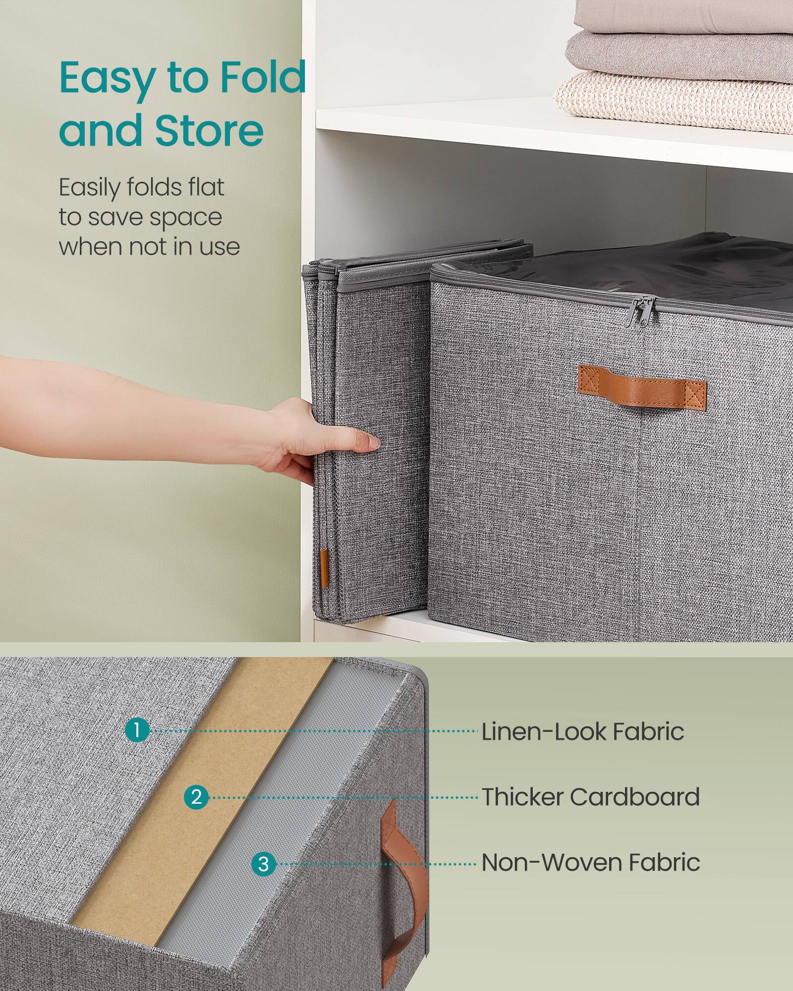 Easy to Fold and Store  
Easily folds flat to save space when not in use  

1. Linen-Look Fabric  
2. Thicker Cardboard  
3. Non-Woven Fabric
