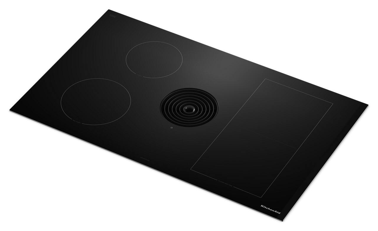 Left. KitchenAid - 36" Electric Induction Cooktop with 4 Cooking Zones and Bridge XL Even-Heat Zone - Black.