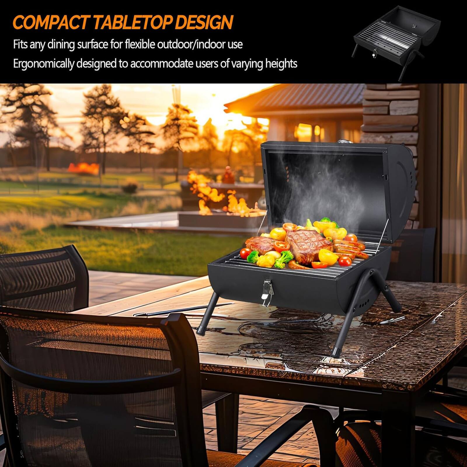 COMPACT TABLETOP DESIGN  
Fits any dining surface for flexible outdoor/indoor use  
Ergonomically designed to accommodate users of varying heights