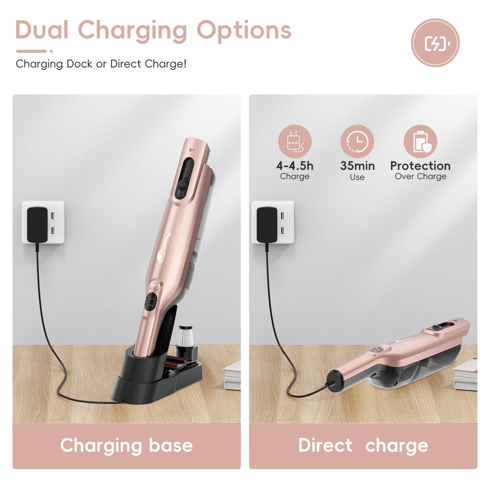 Dual Charging Options  
Charging Dock or Direct Charge!

Charging base  
Direct charge

4-4.5h Charge  
35min Use  
Protection Over Charge