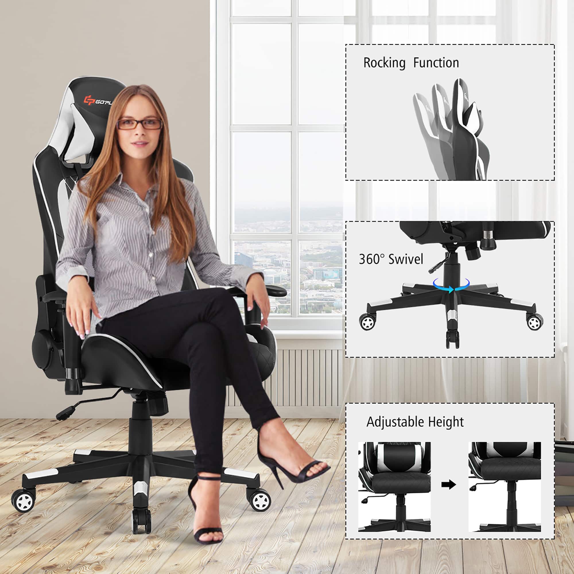 Rocking Function: The chair has a rocking function that allows the user to gently rock back and forth while seated.
GOPL 360 Swivel: The chair features a 360-degree swivel function, allowing the user to rotate their seat in any direction.
Adjustable Height: The chair has an adjustable height feature, allowing the user to adjust the chair's height to their desired level.
