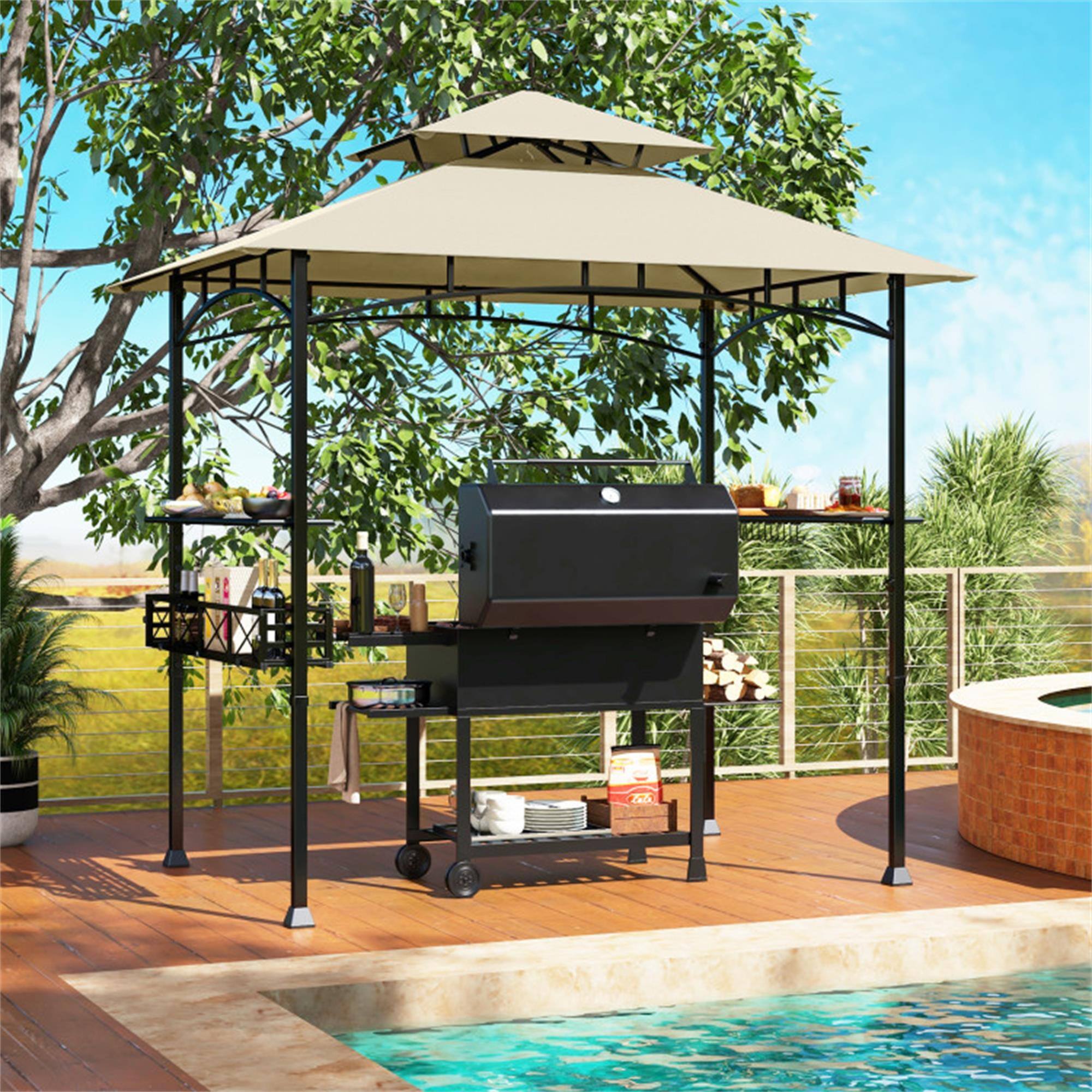 Alt View 2. Boyel Living - Beige 98.4-in L x 96-in W x 60-in H Outdoor Grill Gazebo with Side Shelves and Hanging Hooks Model BL-HYA1862BE.