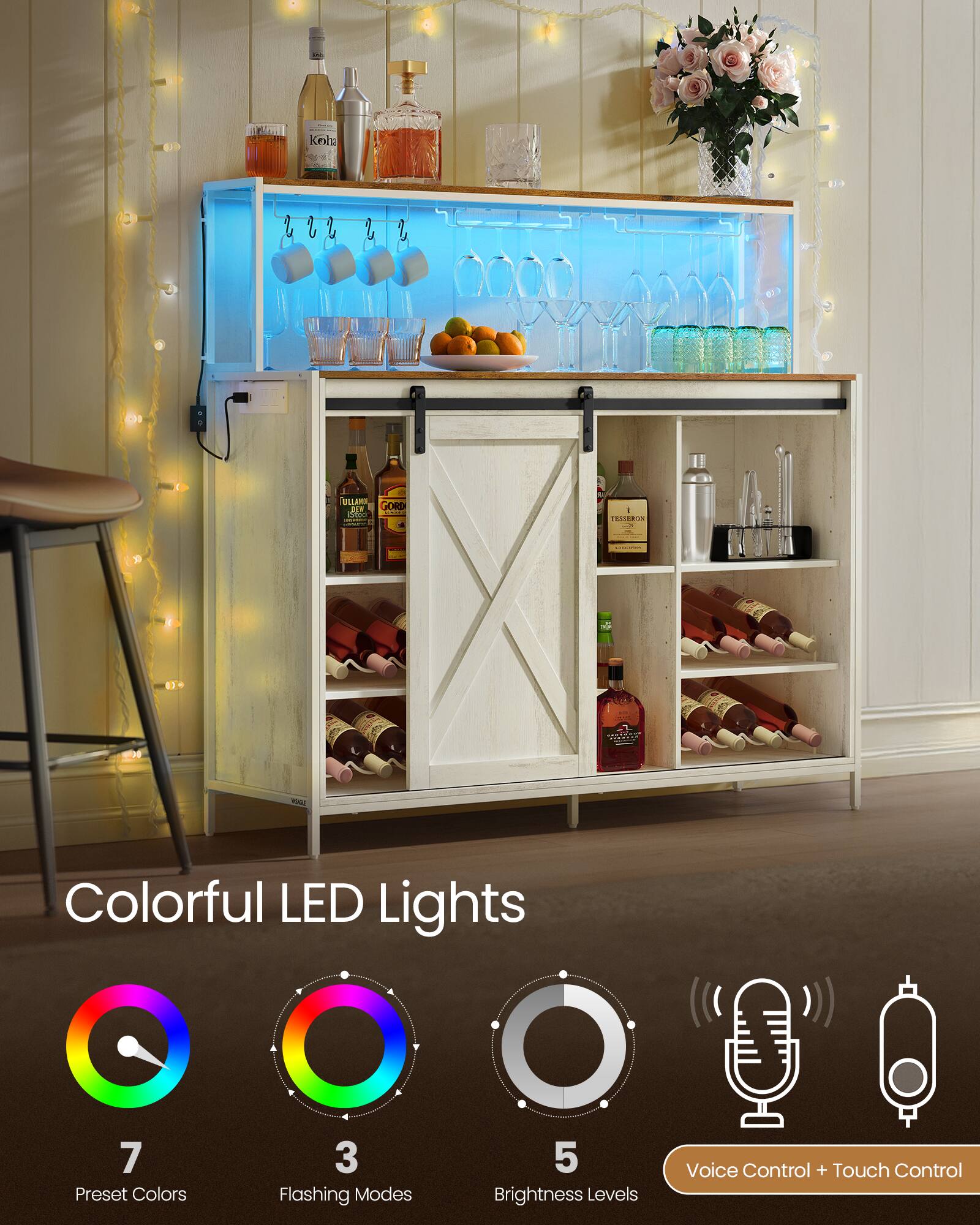 - | Ke LLE a GORD 10 - TESSERON -d | - O Colorful LED Lights 7 Preset Colors 3 Flashing Modes 5 Brightness Levels Voice Control + Touch Control
