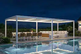 PURPLE LEAF - Louvered Pergola with LED Strip Lights Outdoor White Aluminum Hardtop Gazebo with Adjustable Roof for Patio Garden Yard - 11'×28'