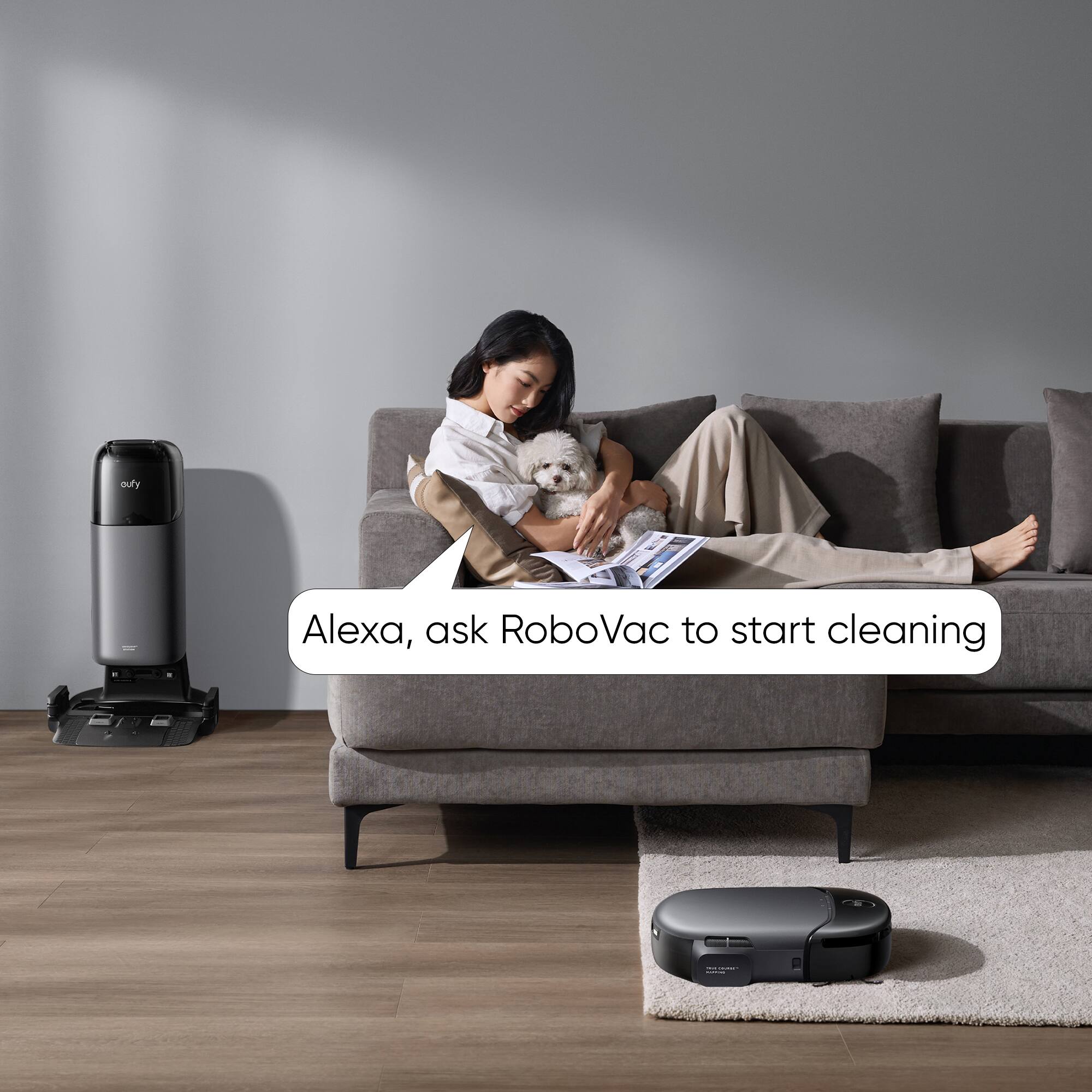 "Ask Alexa, ask RoboVac to start cleaning."