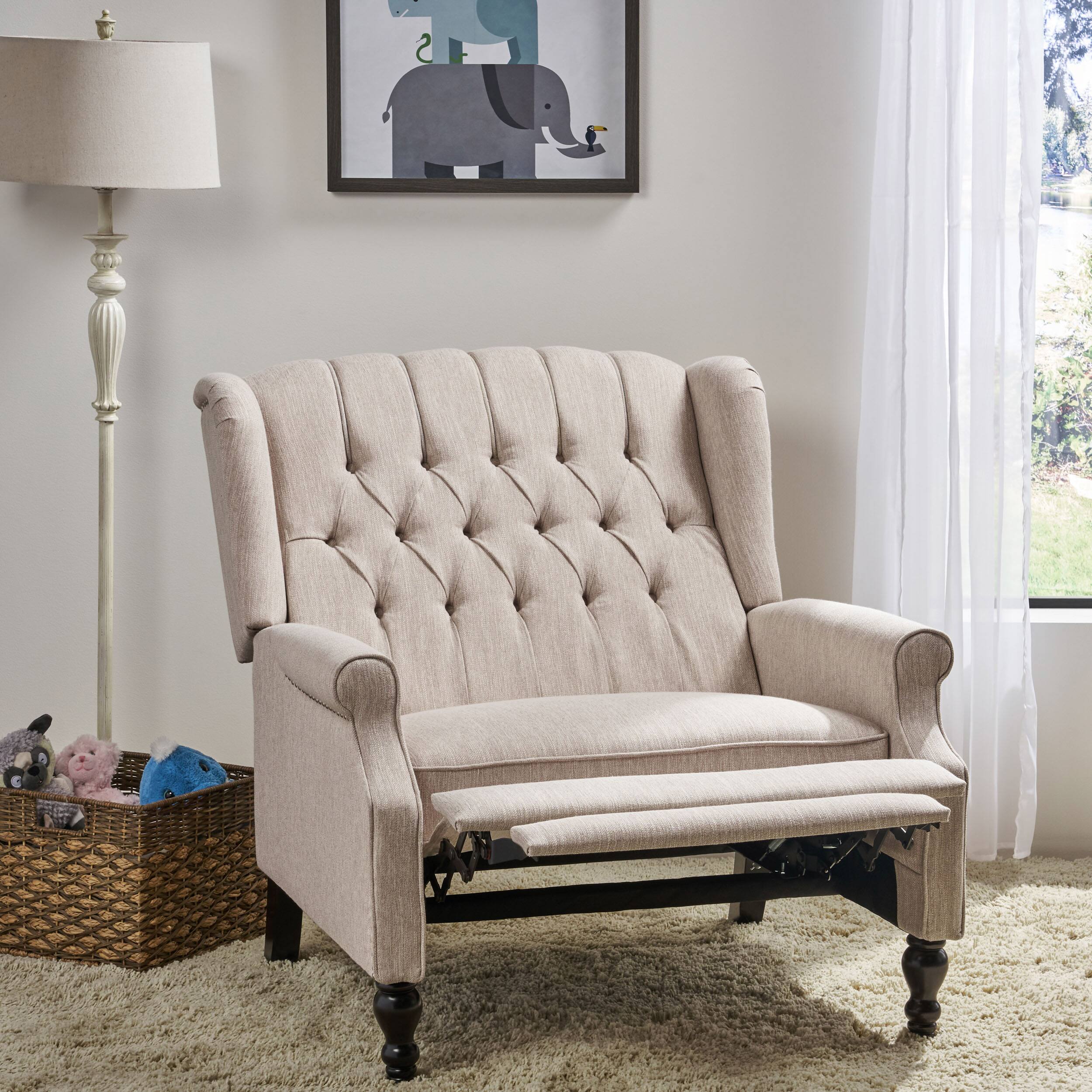 Alt View 1. APRILSOUL - Push Back Recliner Chair Fabric Lounge Armchair Rivet Decoration Wingback Single Sofa - Beige.