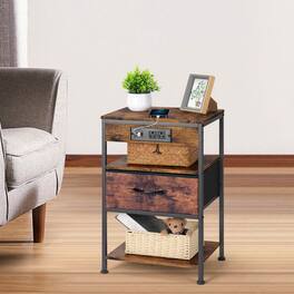 Oumilen - Nightstand with Charging Station and Fabric Drawer, Rustic - Brown