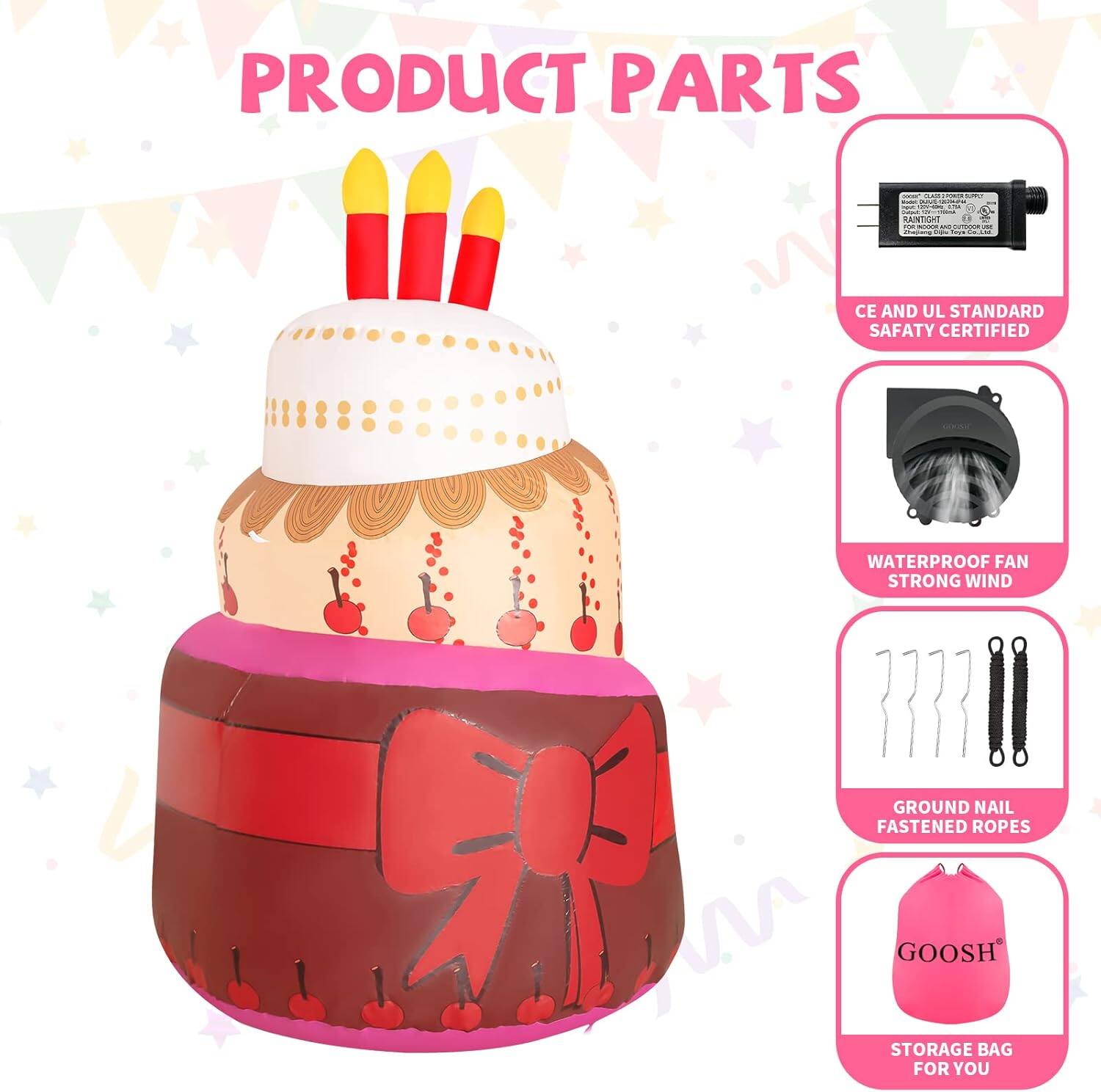 PRODUCT PARTS

- CE AND UL STANDARD SAFETY CERTIFIED
- WATERPROOF FAN STRONG WIND
- GROUND NAIL FASTENED ROPES
- STORAGE BAG FOR YOU