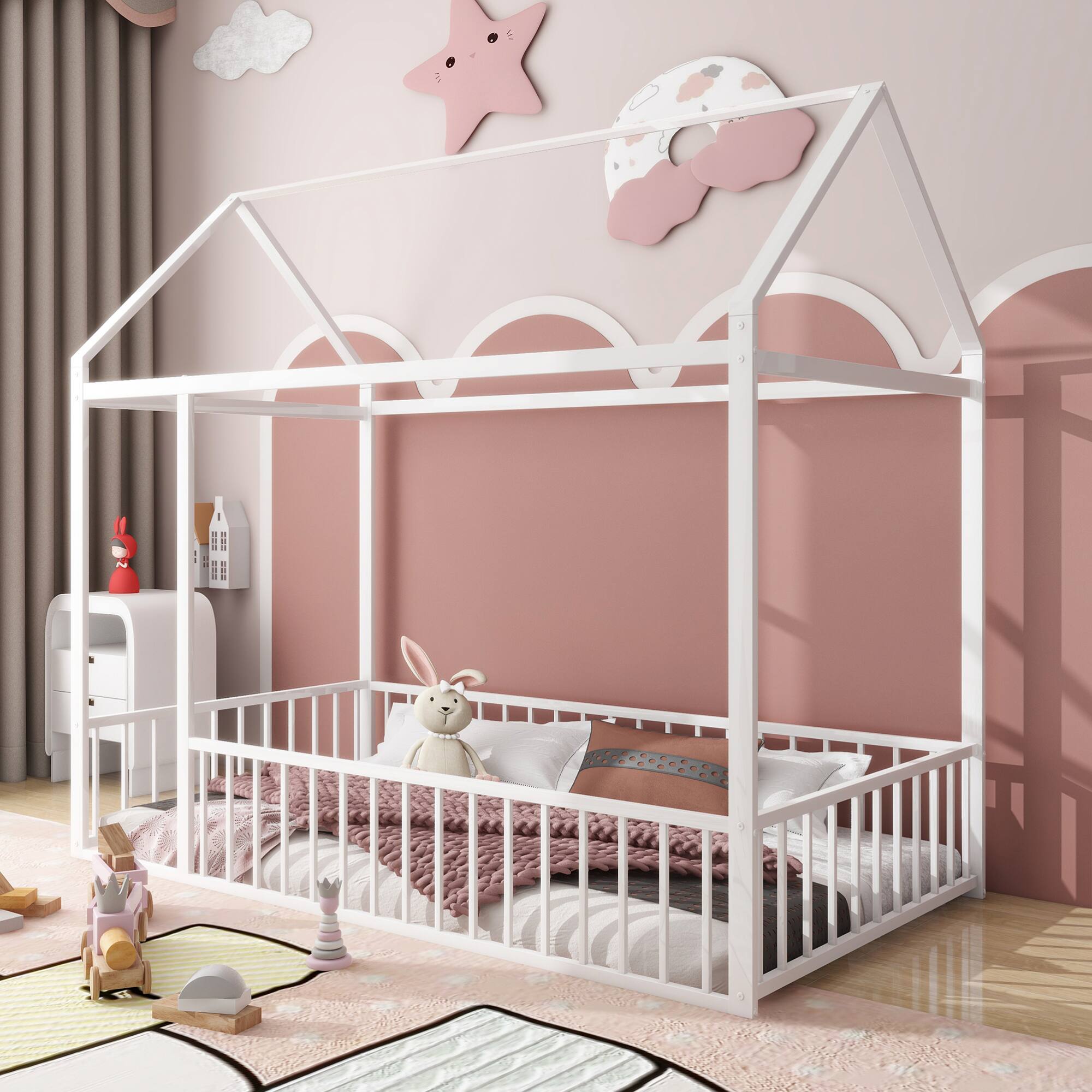 Angle. GOODSILO - Twin Size Playhouse Bed Frame with Safety Fence for Kids and Teens - Sturdy Metal Construction - White.