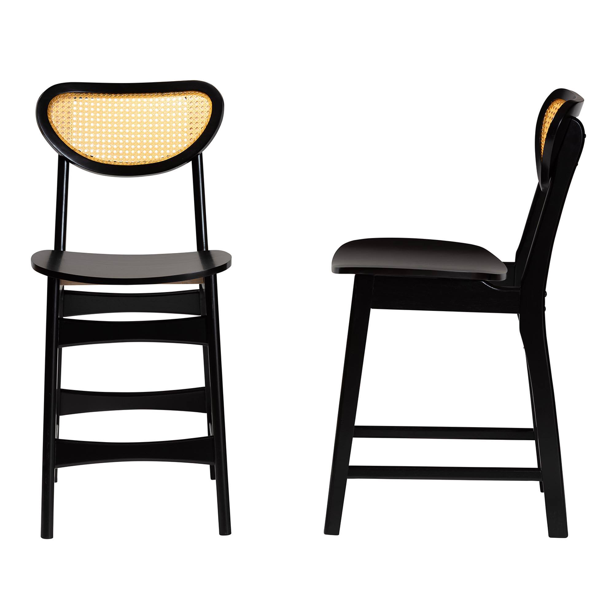 Left. Baxton Studio - Hesper Mid-Century Modern Finished Wood and Rattan 2-Piece Counter Stool Set - Dark Brown/Light Brown.