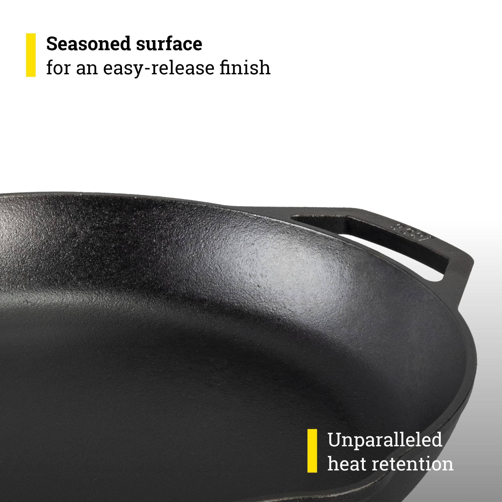 Seasoned surface for an easy-release finish  
Unparalleled heat retention