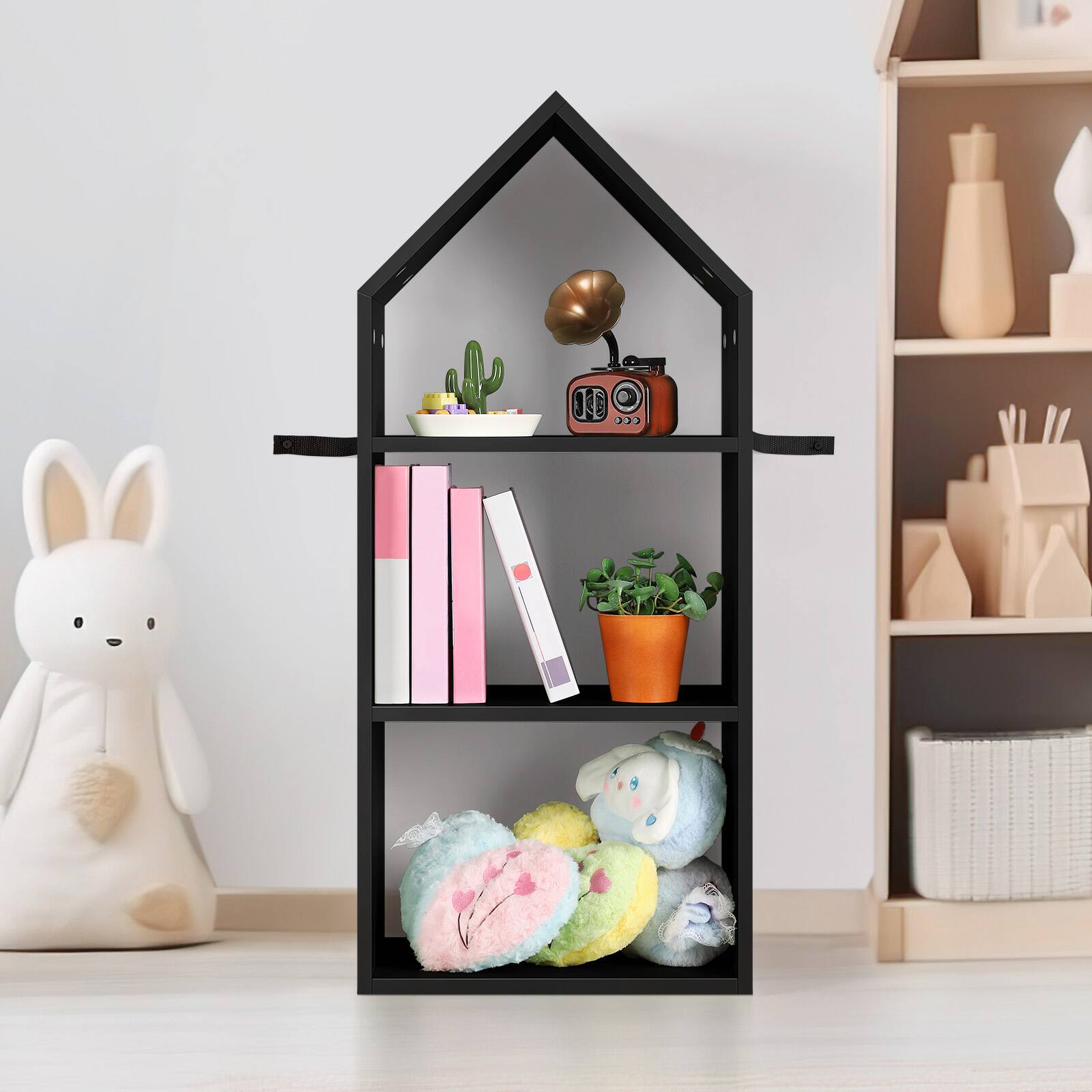 Alt View 3. Oumilen - House-Shaped 3-Tier Black Bookshelf - Black.