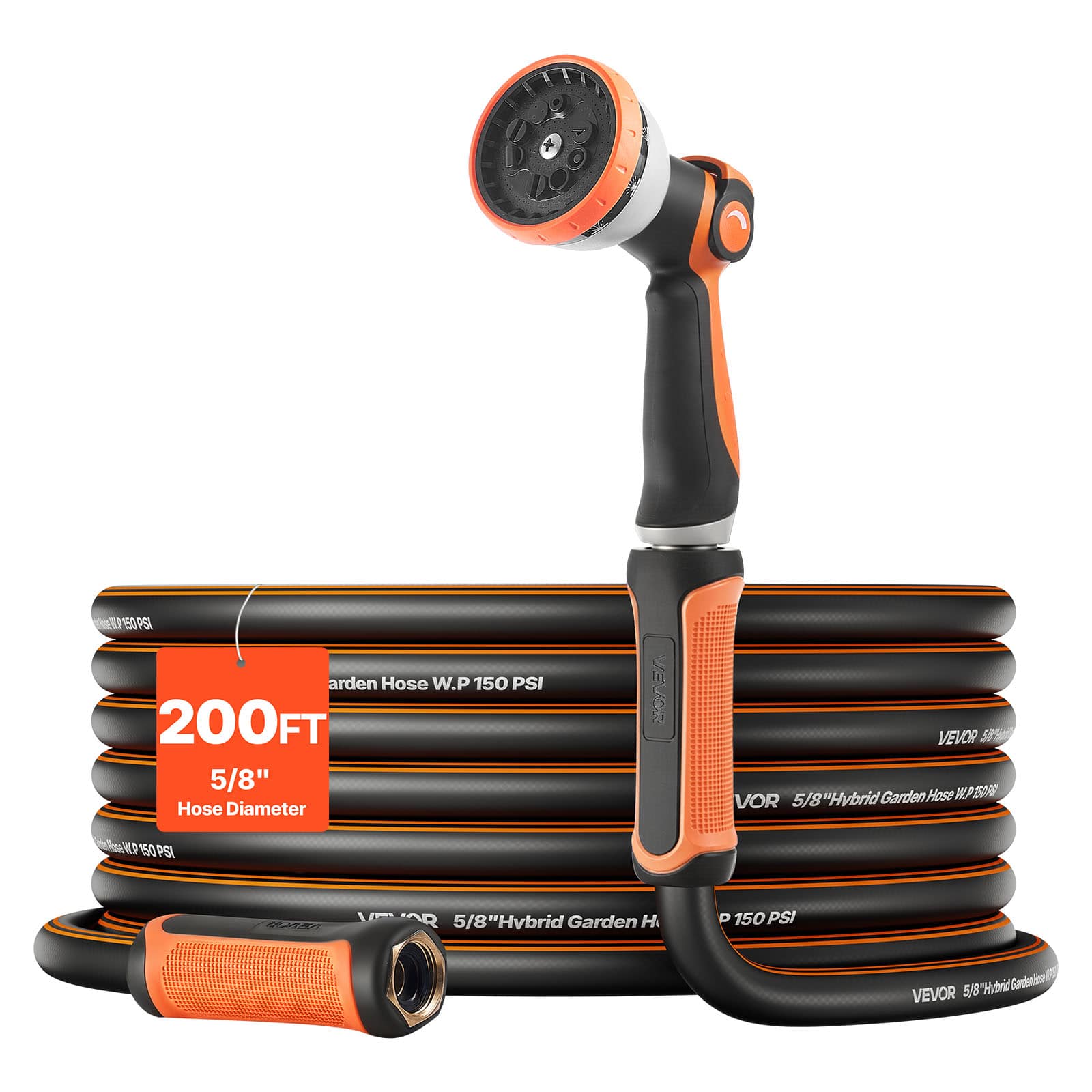 VEVOR - Garden Hose, 200 ft 5/8" Heavy Duty Rubber Water Hose with 10 Mode Nozzle, 150PSI Working & 600PSI Burst - Orange + Black