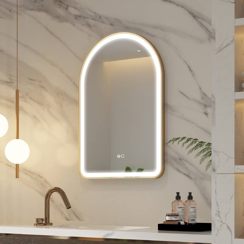 Angle. WELLFOR - 24 in x 36 in Arched Framed Bathroom Mirror with LED Light ,Defogger & Memory Function, Wall Mounted Vanity Mirror - Brushed Gold.