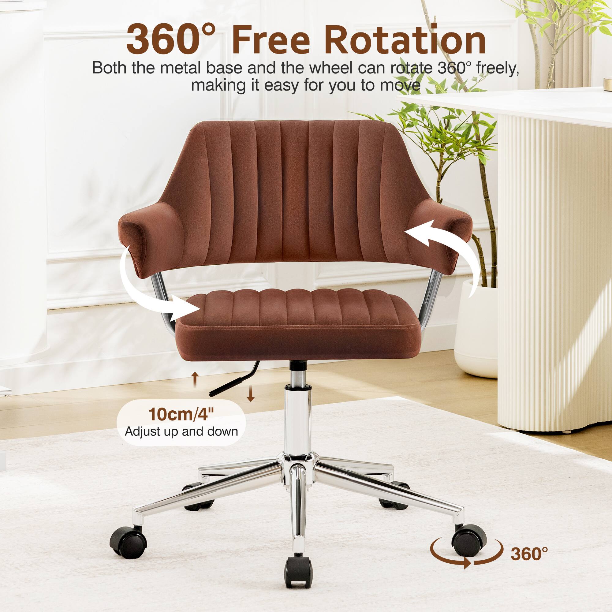 360° Free Rotation  
Both the metal base and the wheel can rotate 360° freely, making it easy for you to move  

10cm/4"  
Adjust up and down
