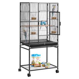 VEVOR - Bird Cage, 24.6 x 16.7 x 53.9 inch, Flat Top, Wrought Iron Bird Flight Cage with Perches, Slide-Out Tray and Plastic - Black