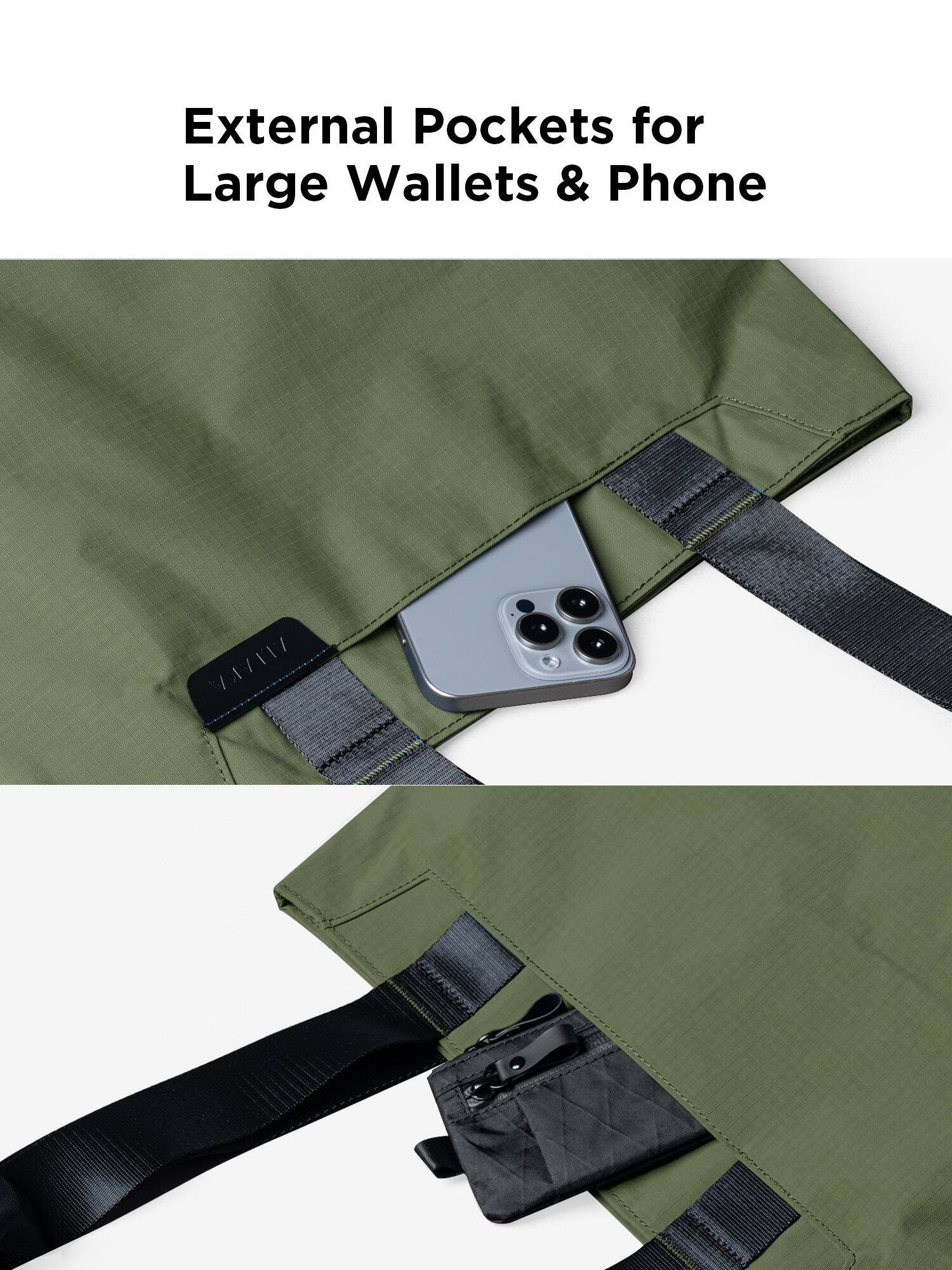 External Pockets for Large Wallets & Phone
