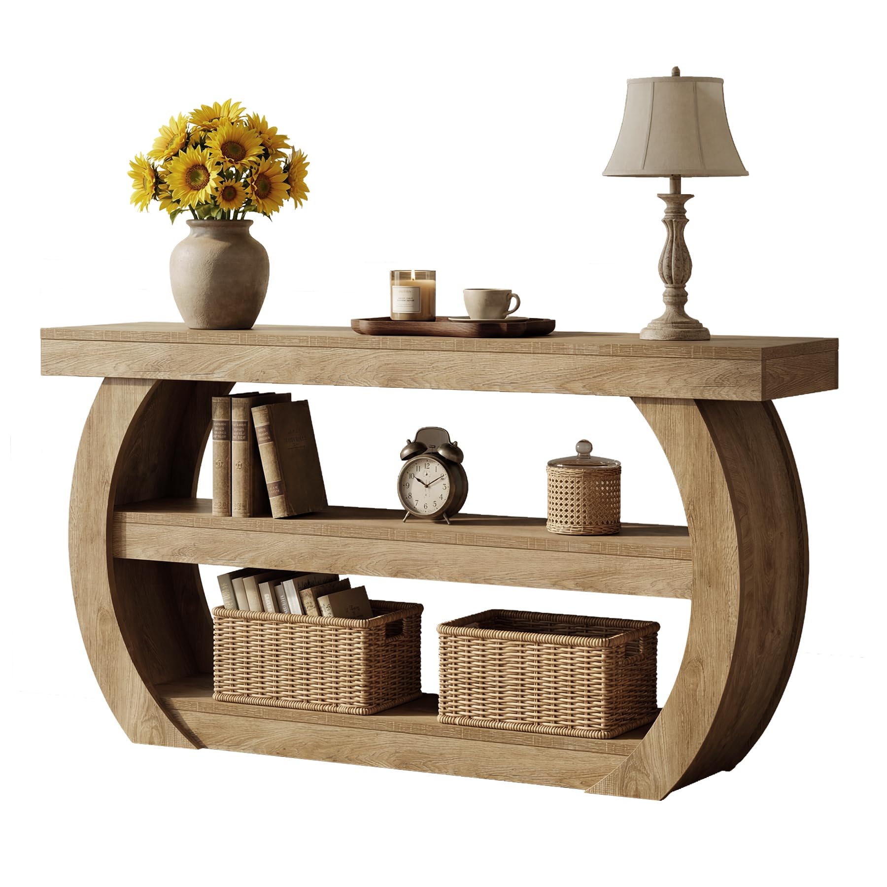 Alt View 5. Tribesigns - Farmhouse Console Table, 3-Tier Wooden Entryway Table with Storage Shelves, 63-Inch Long Rectangular Sofa Console Behind - Light Brown.