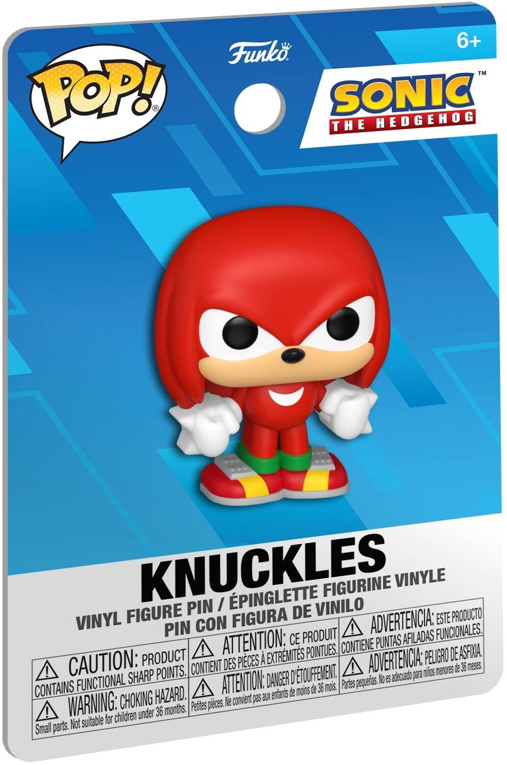 The text on the image is a warning label for a Funko Pop! vinyl figure pin. Here is the corrected and grouped text:

---

**POP! H 6+ Funko™ SONIC THE HEDGEHOG KNUCKLES VINYL FIGURE PIN / ÉPINGLE DE VINYLE / FIGURINE VINYLE**

**ADVERTENCIA:** ESTE PRODUCTO CONTIENE PUNTAS AFILADAS FUNCIONALES. ATTENTION: CE PUNTAS POINTUES. CONTIENE DE ASFIXIA CAUTION: PRODUCT DES PICES EXTRMIMITS ADVERTENCIA: PELIGRO! CONTIENT! menores de 36 meses. SHARP POINTS. D'TOUFFEMENT. adecuado para ninos FUNCTIONAL ATTENTION: DANGER pequerites. No BS CONTAINS! de 36 mois. Partes HAZARD. enfants de moins CHOKING Ne convient pas aux! WARNING: children under 36 months. Petites pices. Not suitable for Small parts.

---

This text is a multilingual warning about the sharp points and choking hazard of the product, indicating it is not suitable for children under 36 months.