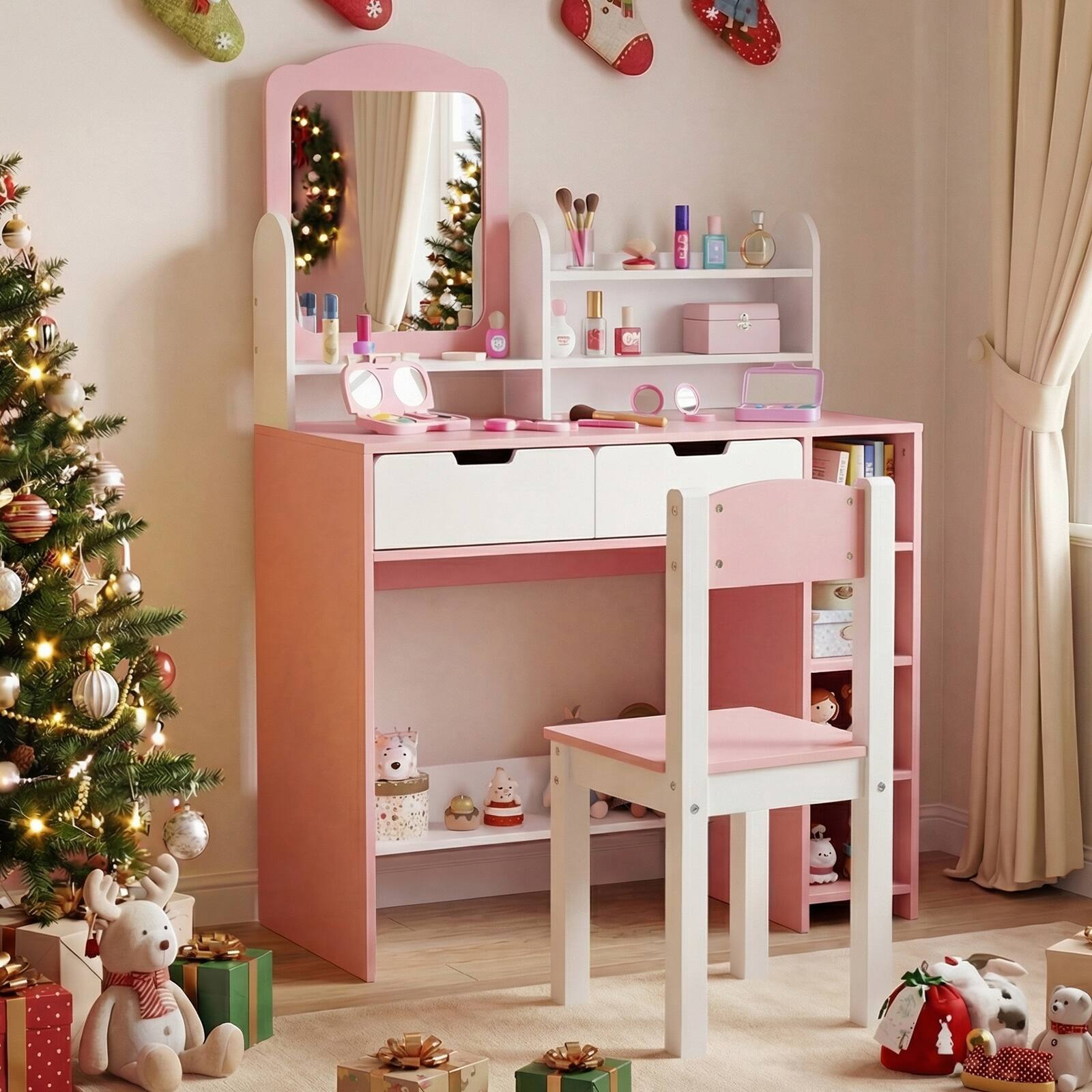 Alt View 1. Gymax - Gymax Kids Vanity Set w/Mirror&Chair Princess Makeup Dressing Desk w/Storage Shelves - White.