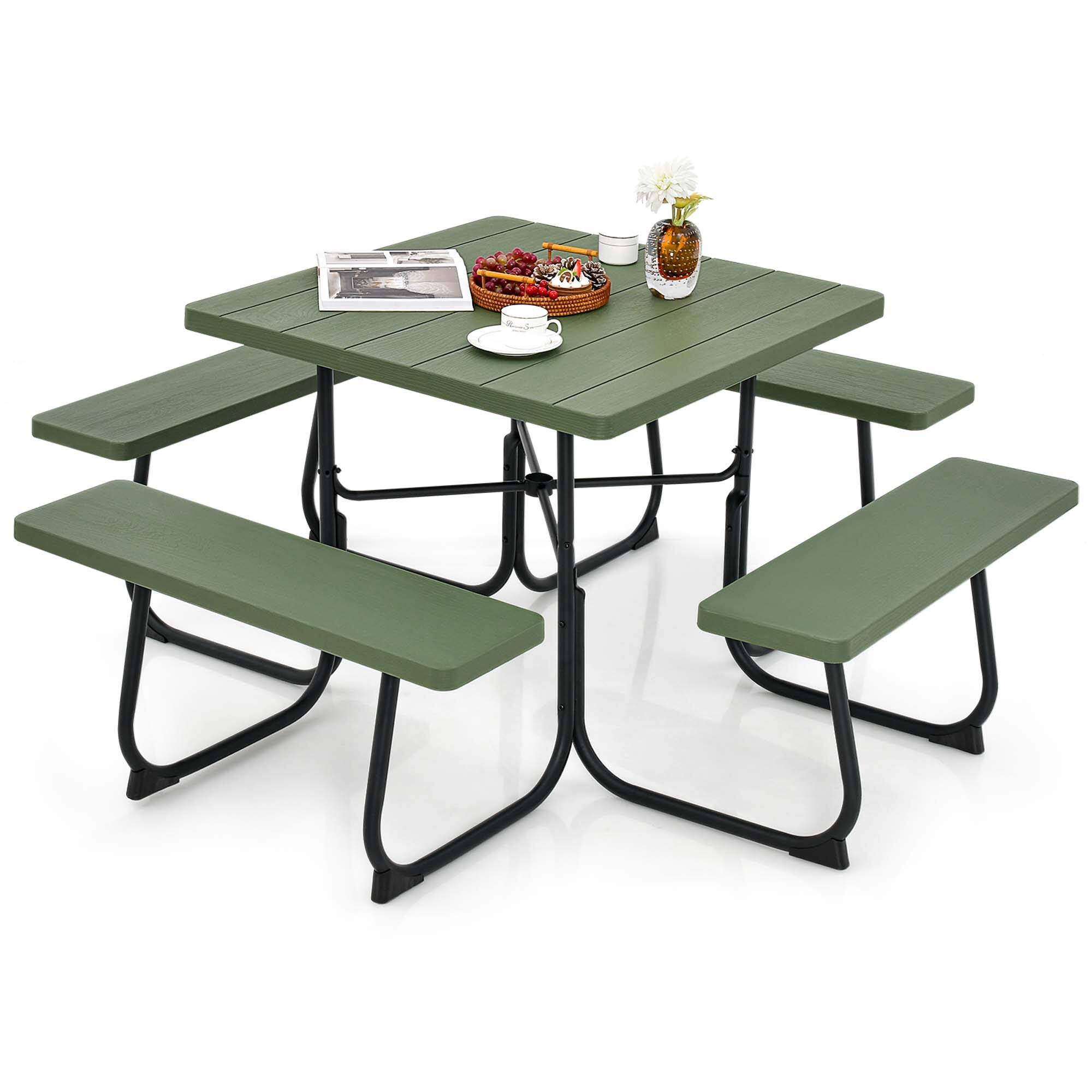 Costway - Outdoor 8-person Square Picnic Table Bench Set with 4 Benches & Umbrella Hole - Green