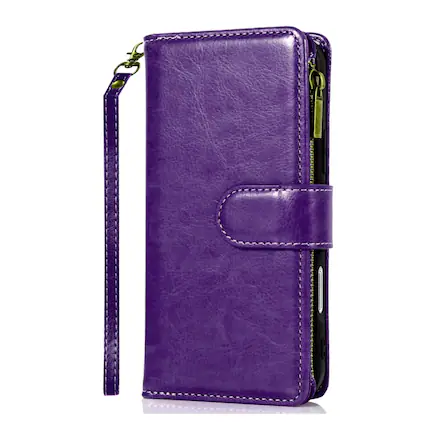 Front. Kitcheniva - PU Leather Phone Wallet Zipper With Tempered Glass For iPhone 16 6.1" Dark Purple - Dark Purple.