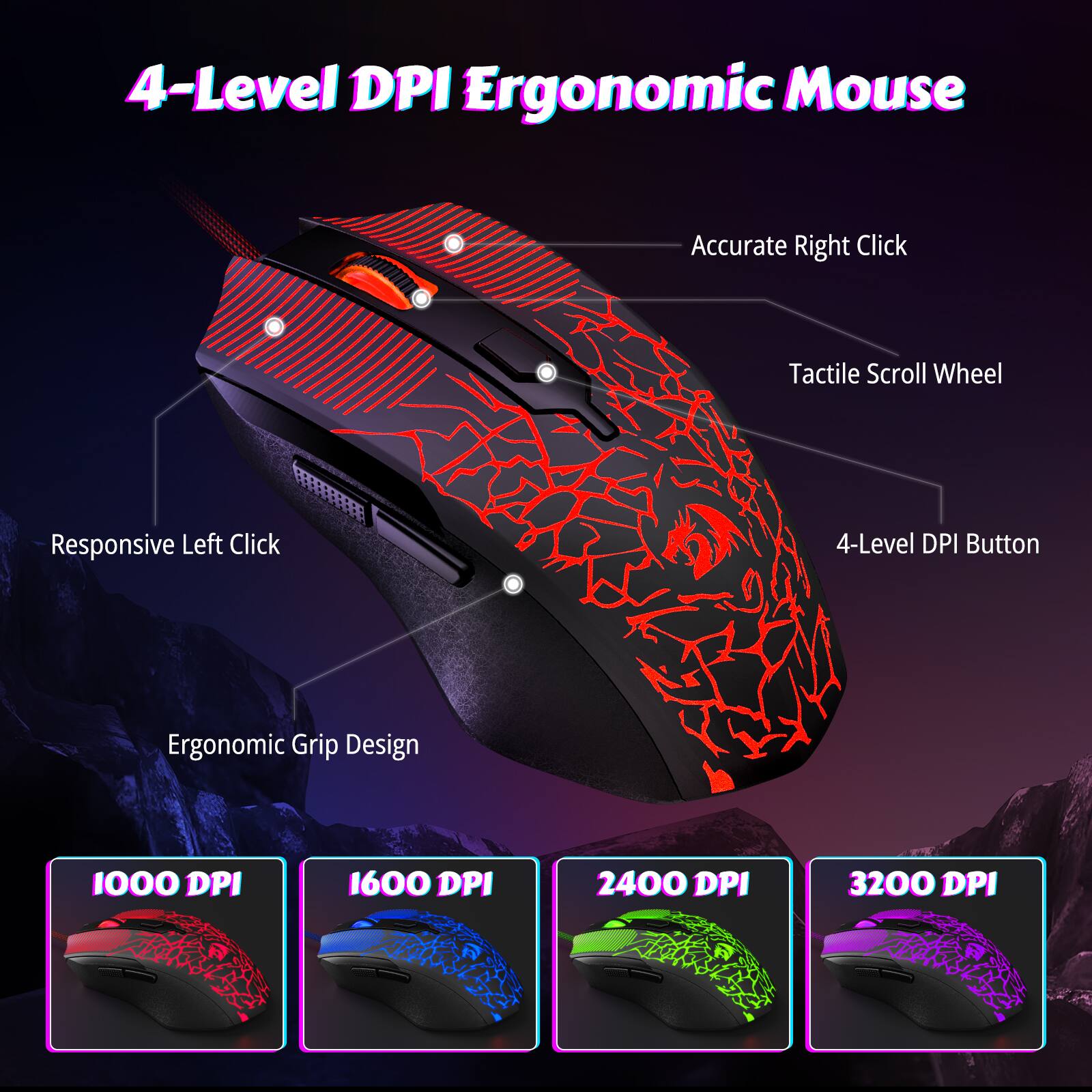 4-Level DPI Ergonomic Mouse

- Accurate Right Click
- Tactile Scroll Wheel
- 4-Level DPI Button
- Responsive Left Click
- Ergonomic Grip Design

DPI Options:
- 1000 DPI
- 1600 DPI
- 2400 DPI
- 3200 DPI