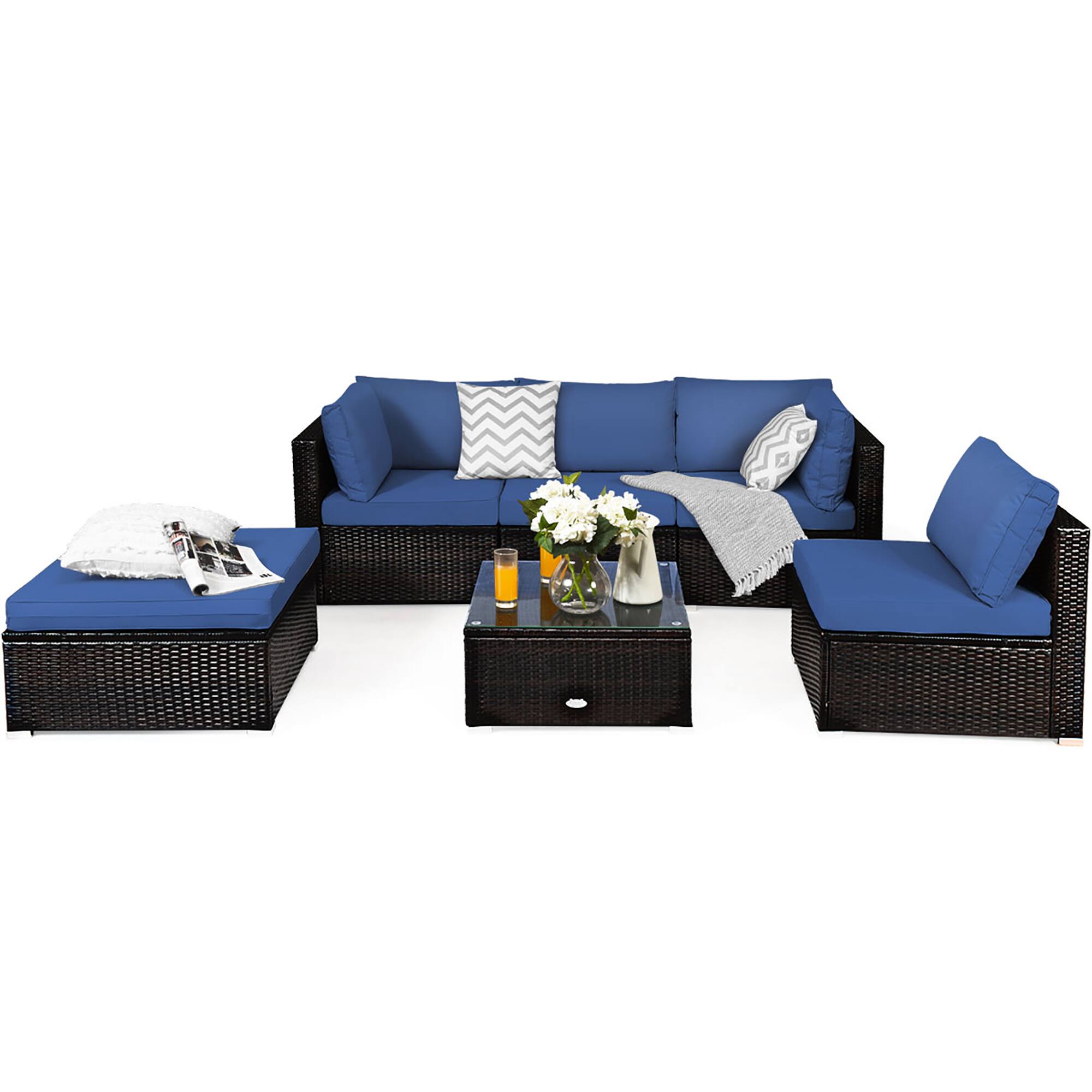 Costway - 6PCS Outdoor Patio Rattan Furniture Set Cushioned Sectional Sofa - Mix Brown,Navy