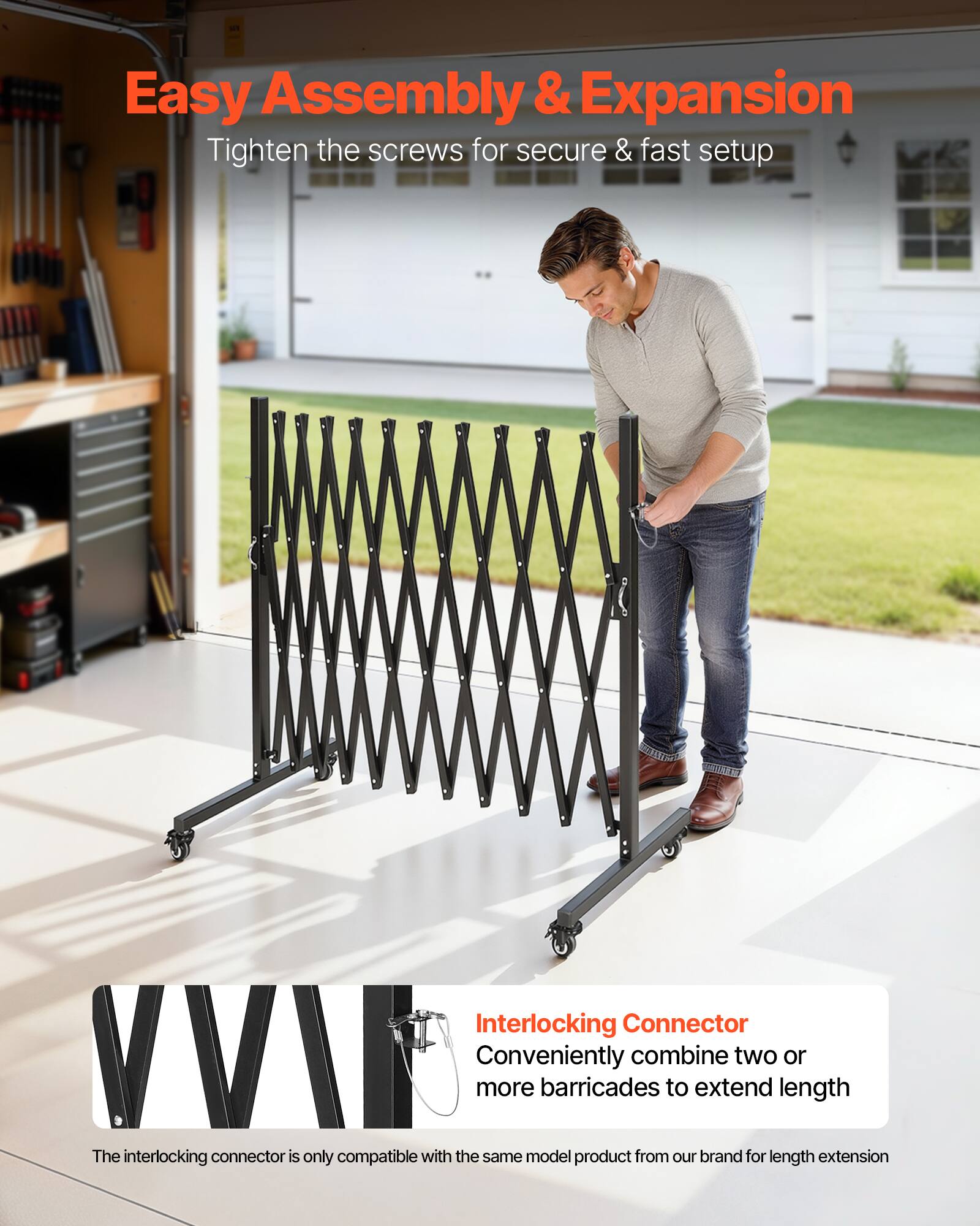 Easy Assembly & Expansion  
Tighten the screws for secure & fast setup  

Interlocking Connector  
Conveniently combine two or more barricades to extend length  

The interlocking connector is only compatible with the same model product from our brand for length extension