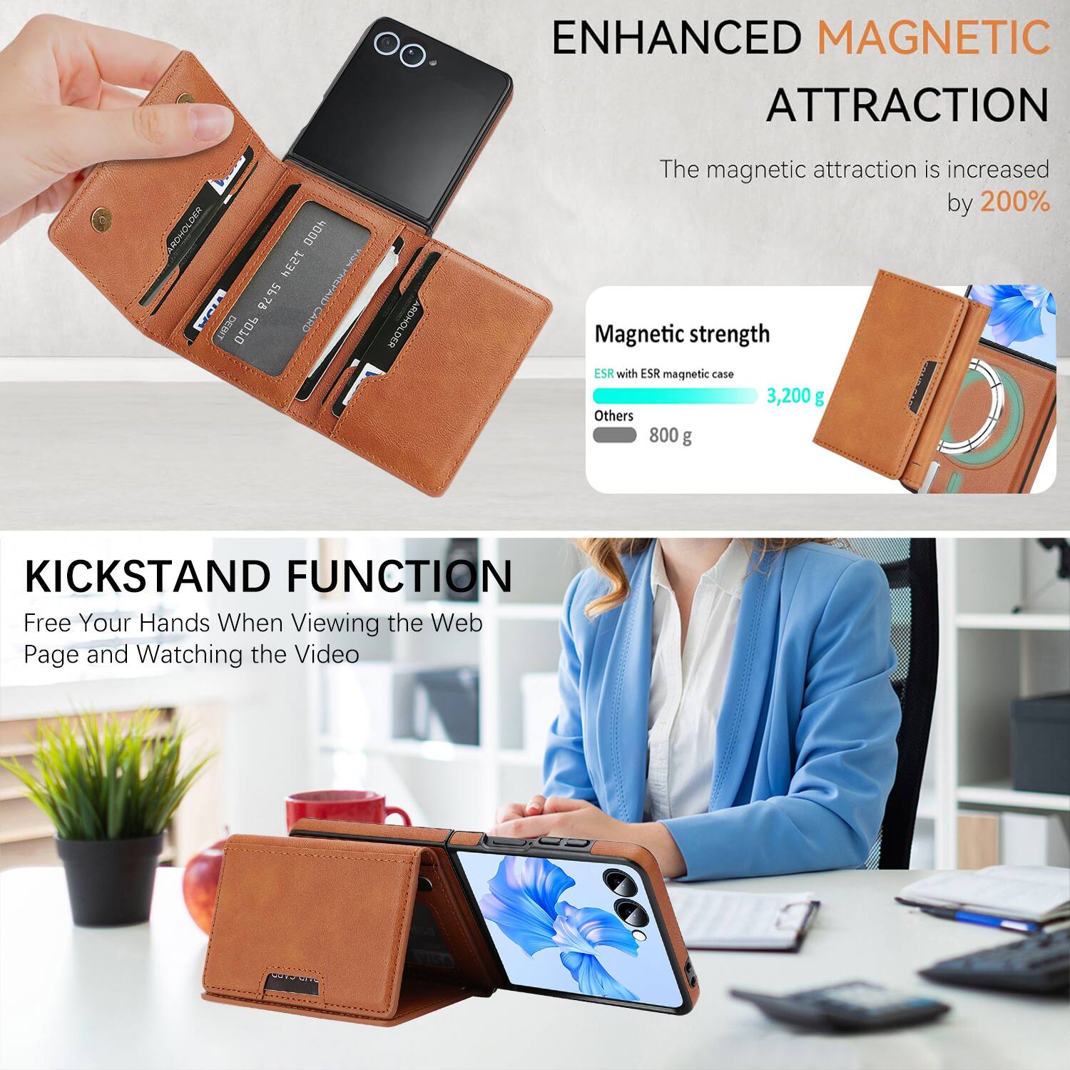 ENHANCED MAGNETIC ATTRACTION

The magnetic attraction is increased by 200%

Magnetic strength
- ESR with ESR magnetic case: 3,200 g
- Others: 800 g

KICKSTAND FUNCTION

Free Your Hands When Viewing the Web Page and Watching the Video