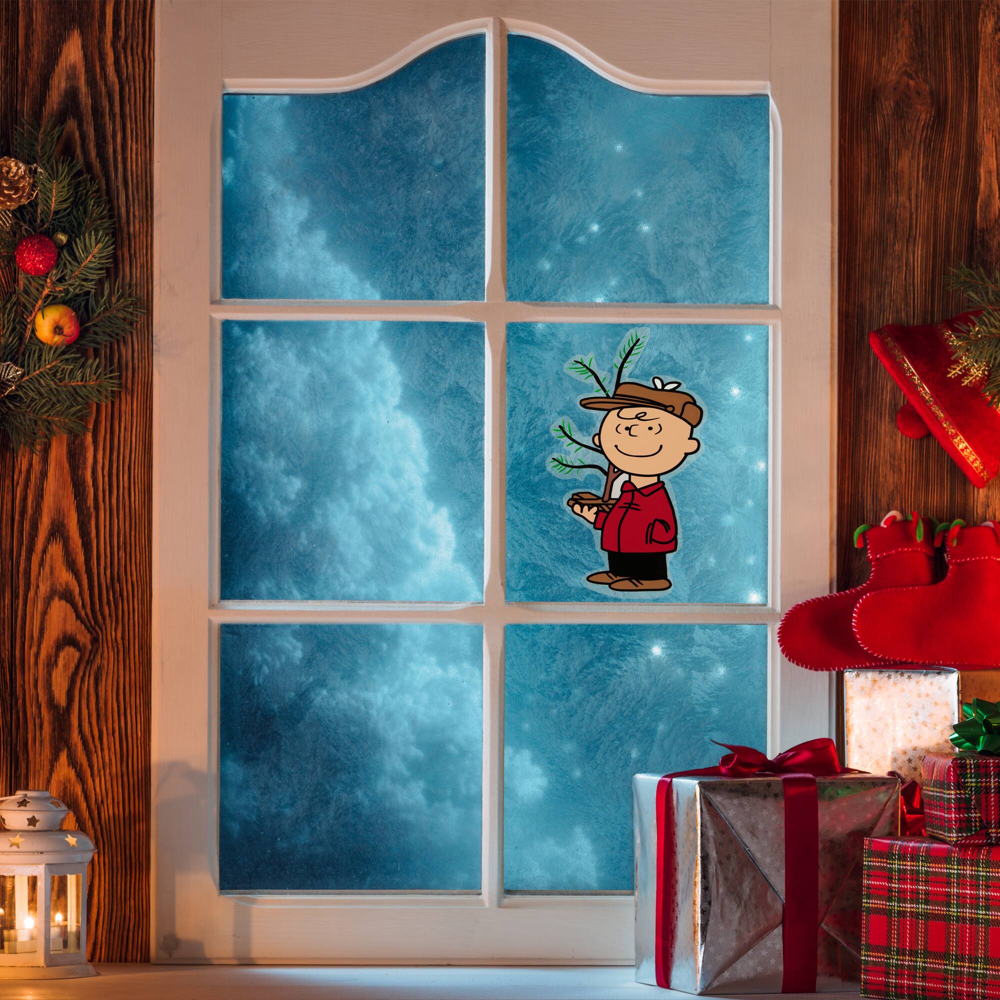 Alt View 1. Northlight - Peanuts Charlie Brown with Iconic Tree Double Sided Christmas Window Cling Decoration - Red.