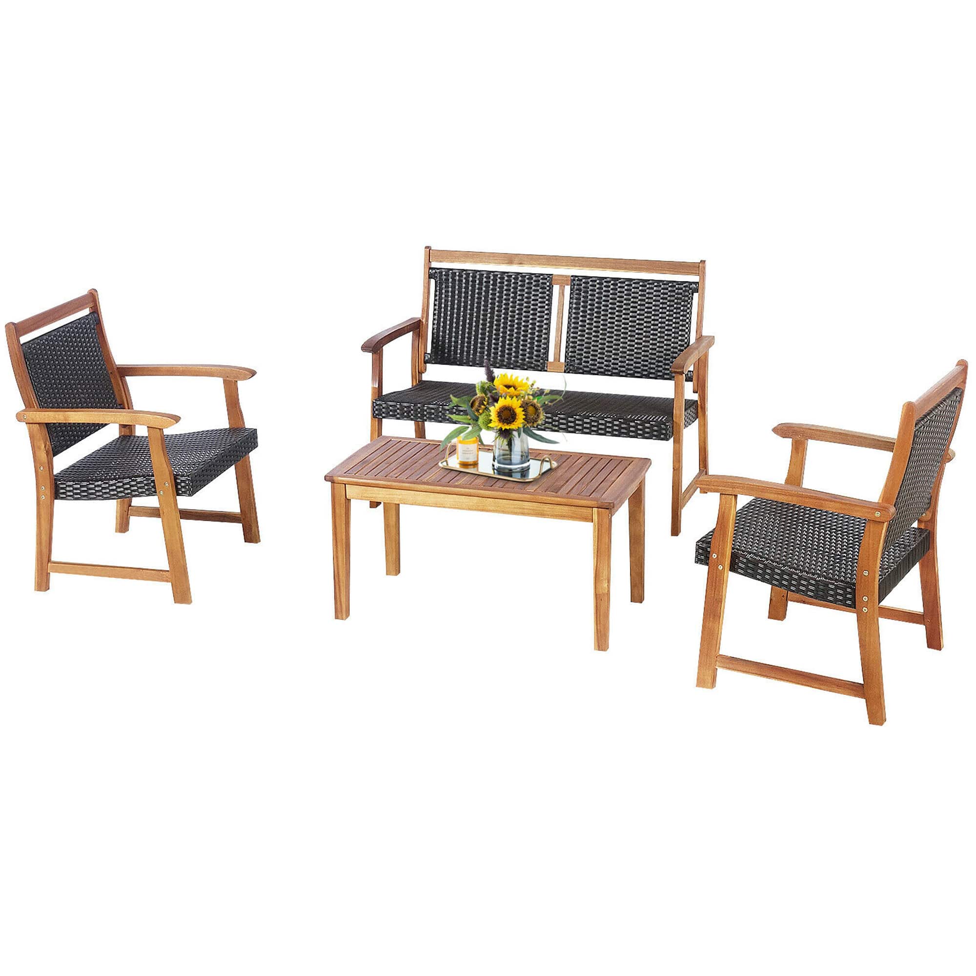 Gymax - 4PCS Patio Acacia Wood Conversation Set Outdoor Rattan Furniture Set - Mix Brown