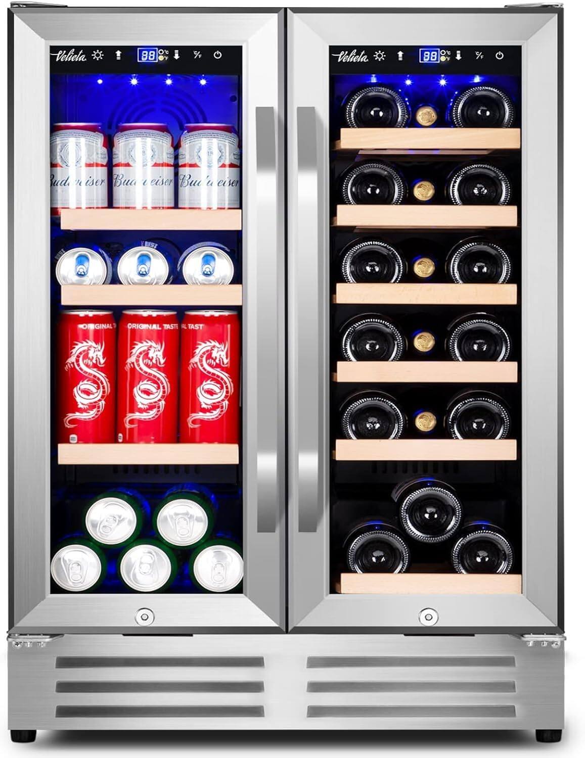 HOOURE - 24in. Dual Zone 18 Bottles and 88 Cans Capacity Wine and Beverage Fridge with Glass Door, Built-In Powerful Cool System - Stainless Steel