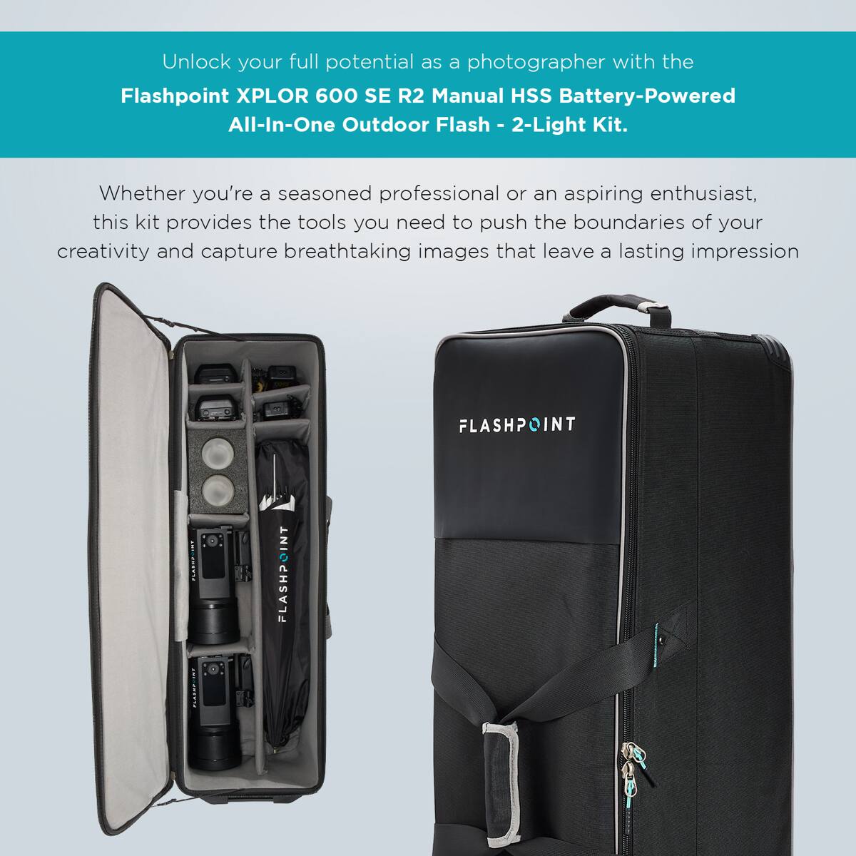 Unlock your full potential as a photographer with the Flashpoint XPLOR 600 SE R2 Manual HSS Battery-Powered All-In-One Outdoor Flash - 2-Light Kit. Whether you're a seasoned professional or an aspiring enthusiast, this kit provides the tools you need to push the boundaries of your creativity and capture breathtaking images that leave a lasting impression.