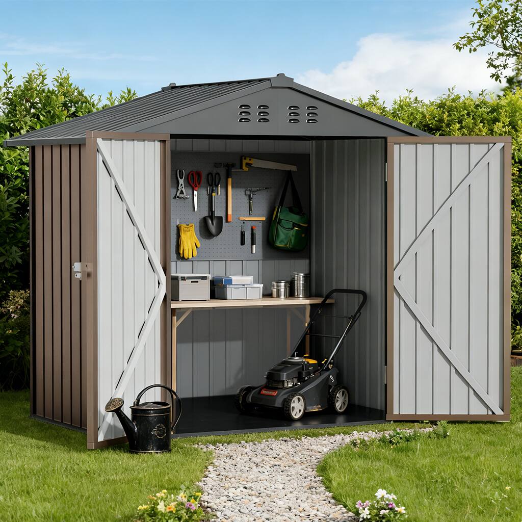 Angle. CloudRest Pro - 6 x 4 FT Outdoor Storage Shed Lockable Doors Tool Sheds with Sloping Roof Steel Garden Shed - Brown.